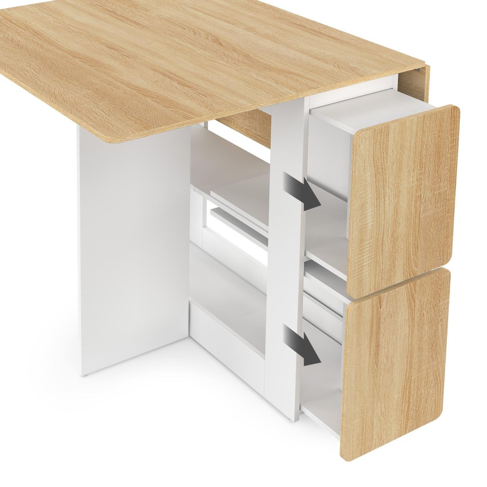 Voir la diapositive 6 : ID MARKET Ensemble table console pliable edi 2-4 personnes bois blanc et plateau façon hêtre avec 4 tabourets