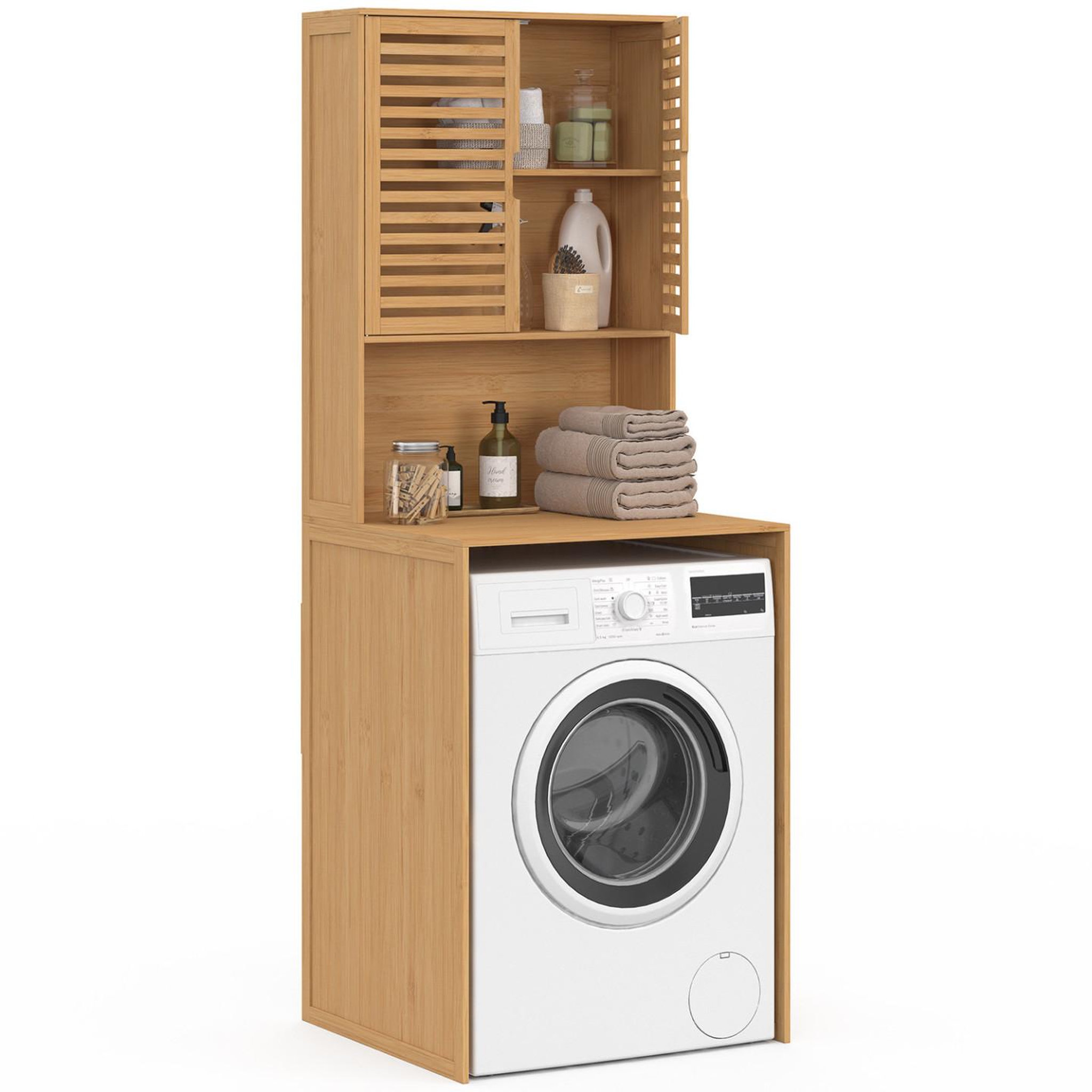 Voir la diapositive 4 : ID MARKET Meuble dessus de machine à laver bambou bea avec placard