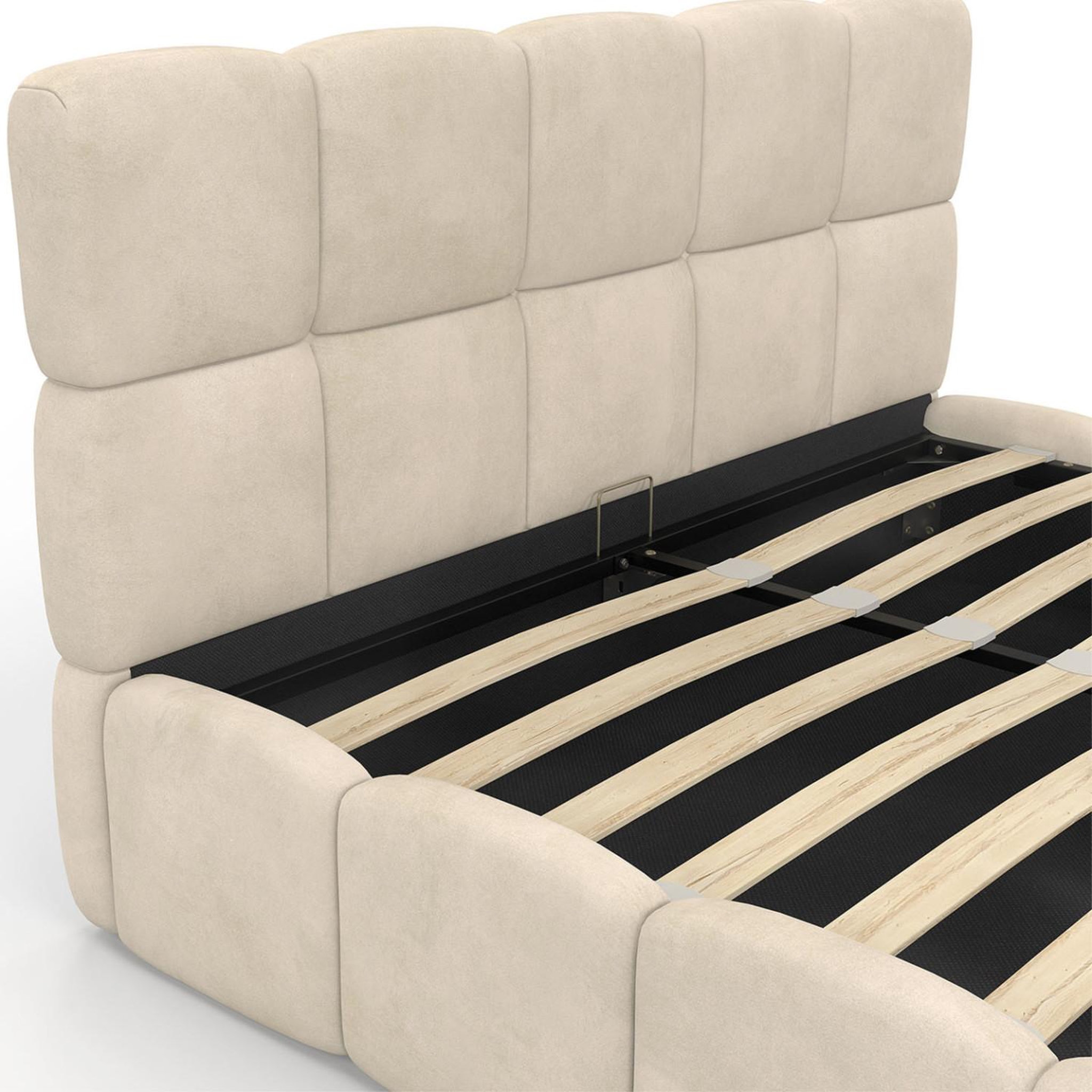 Voir la diapositive 6 : ID MARKET Lit coffre double nuage avec tête de lit matelassée et sommier 140 x 190 cm velours beige