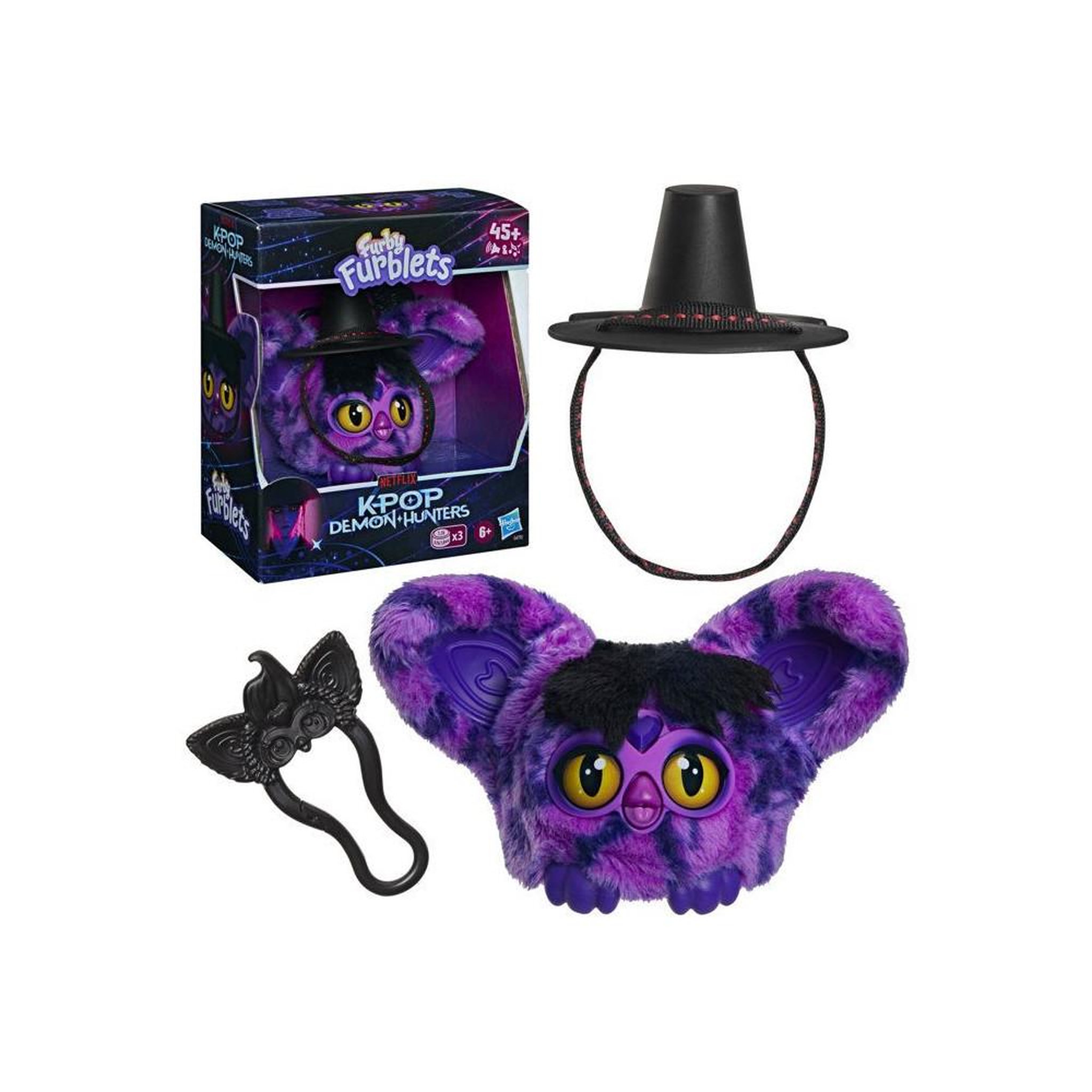 Voir la diapositive 2 : Peluche électronique mini Furby Furblets Démon Saja Boys 7,5 cm violette noire, chapeau amovible et porte-clés, plus de 45 sons en furbish