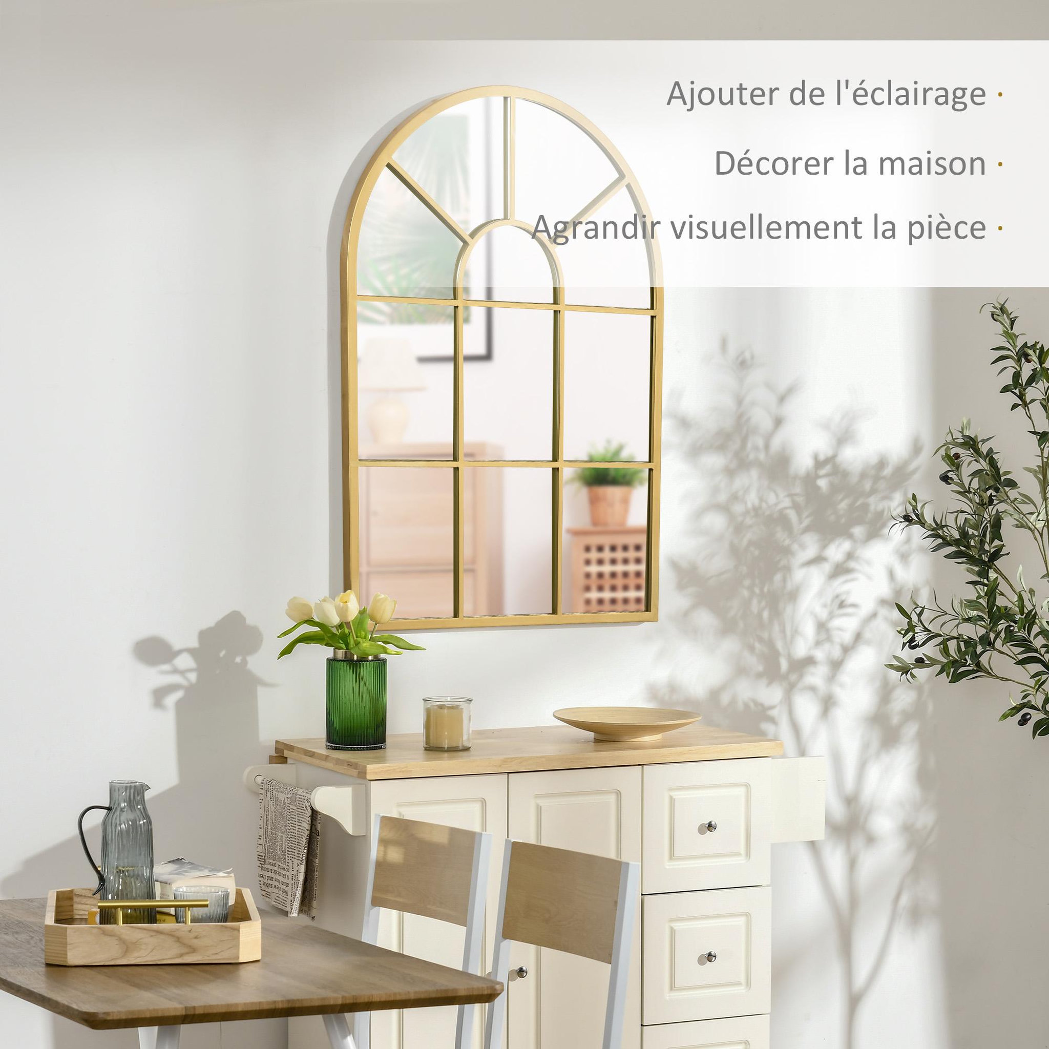 Voir la diapositive 4 : HOMCOM Miroir mural style art déco forme voûtée dim. 50L x 70H cm métal doré verre