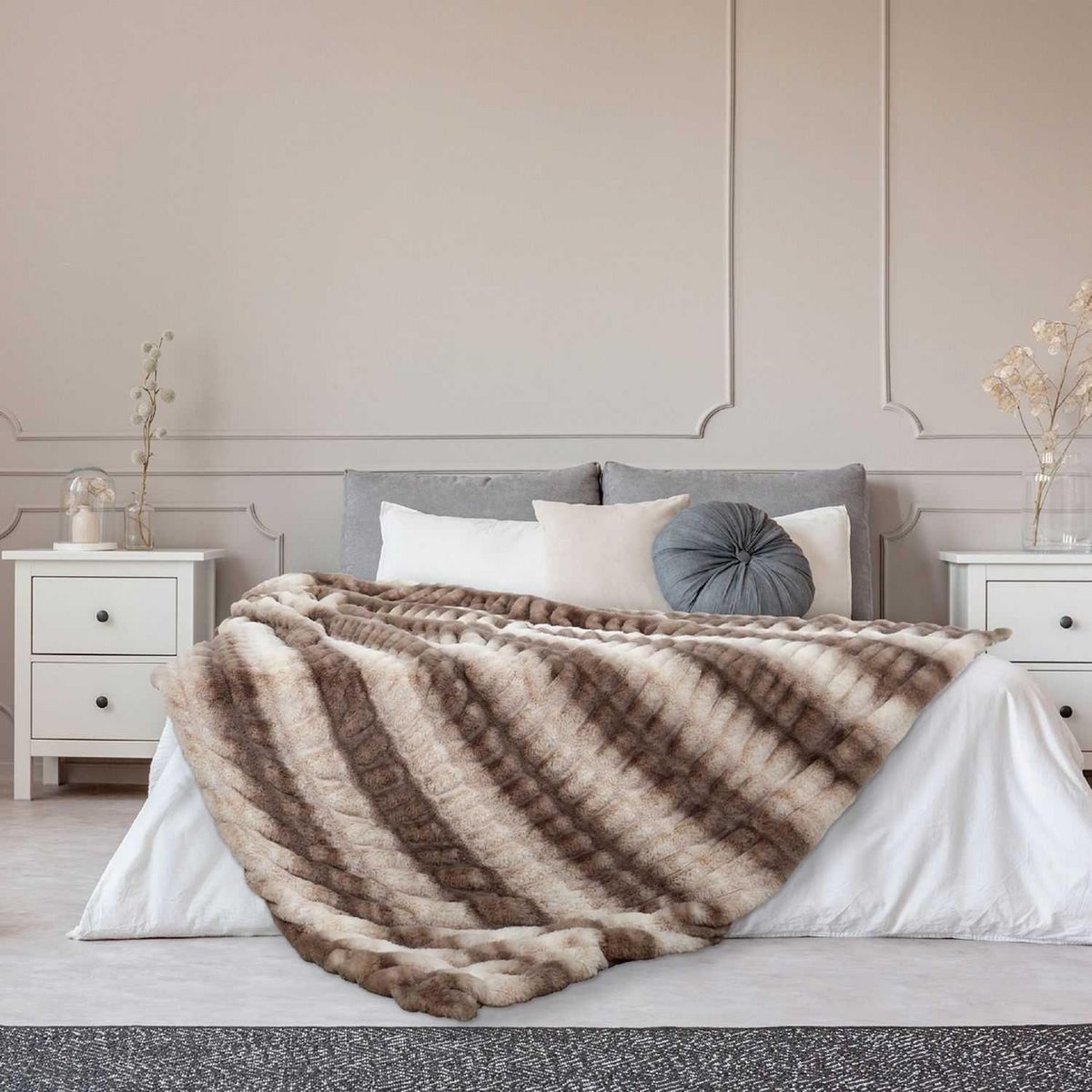 TOILINUX Plaid imitation fourrure - 200x140cm - Marron et Beige