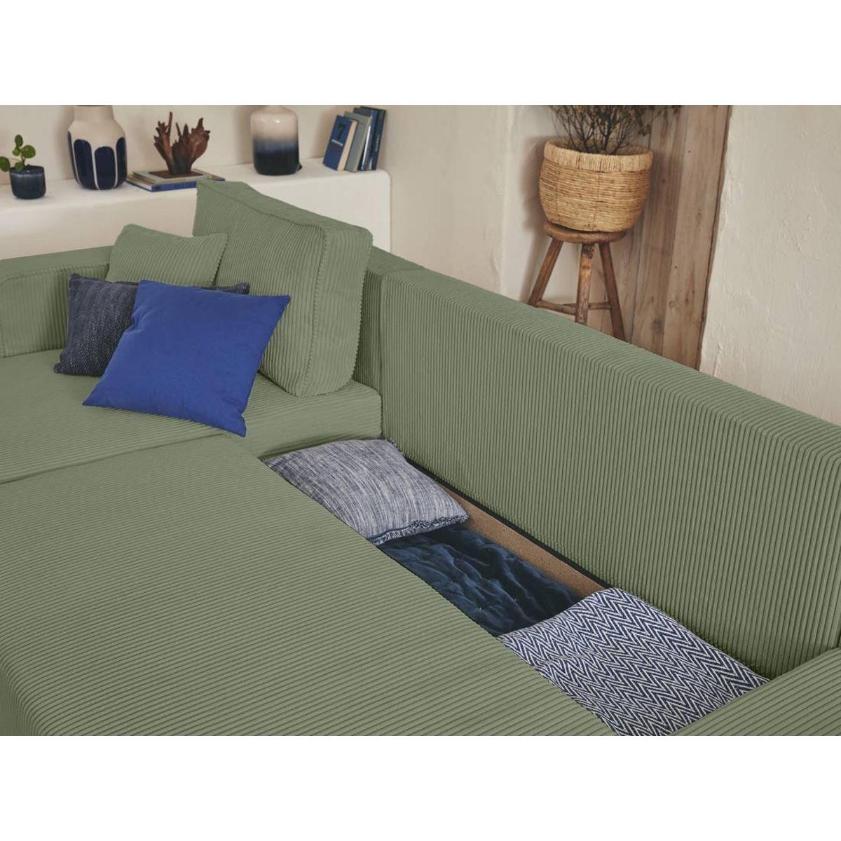 BEST MOBILIER Topaze - canapé panoramique en u - 7 places - convertible avec coffre - en velours côtelé