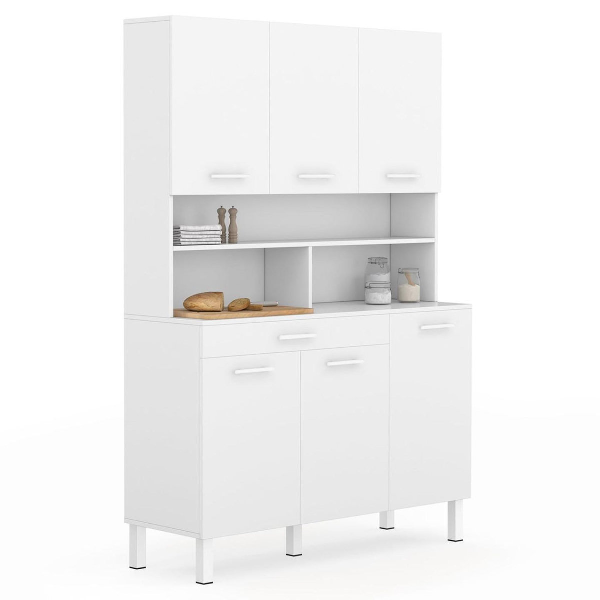 ID MARKET Buffet de cuisine 120 CM CINA 6 portes + tiroir blanc et blanc brillant