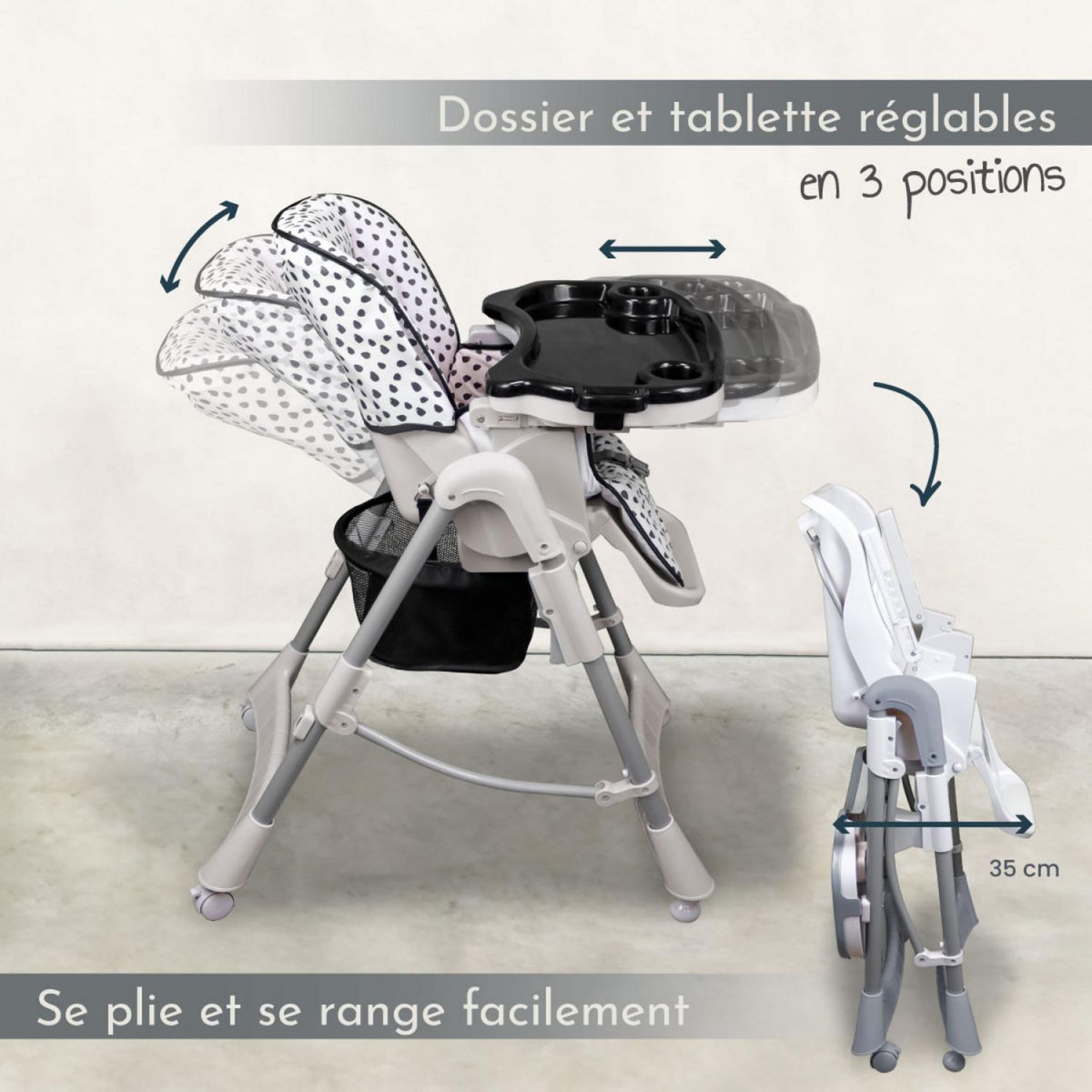 Monsieur Bébé Chaise haute bébé pliable réglable hauteur dossier tablette - Ptit