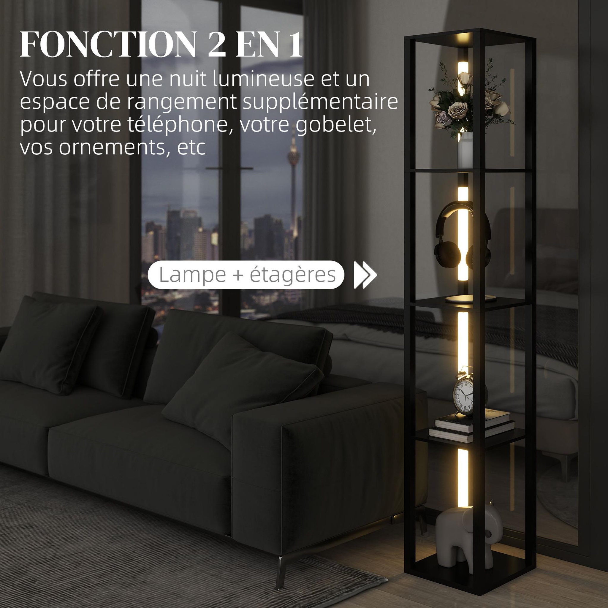Voir la diapositive 5 : HOMCOM Lampadaire étagères design led h.163 cm 4 niveaux luminosité réglable mdf noir
