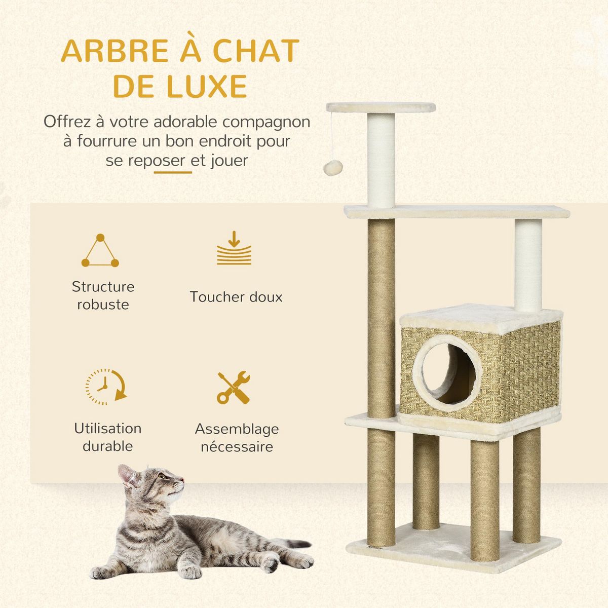 PAWHUT Arbre à chat style cosy chic griffoirs sisal naturel niche plateformes corde jeu boule peluche courte cordes d'algues tressées