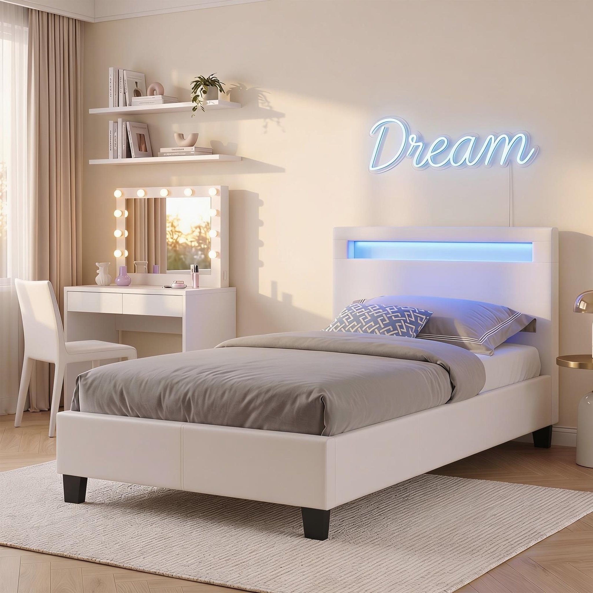 Voir la diapositive 2 : IDIMEX Lit LED simple LUCENO 90x190 cm, avec sommier, revêtement synthétique