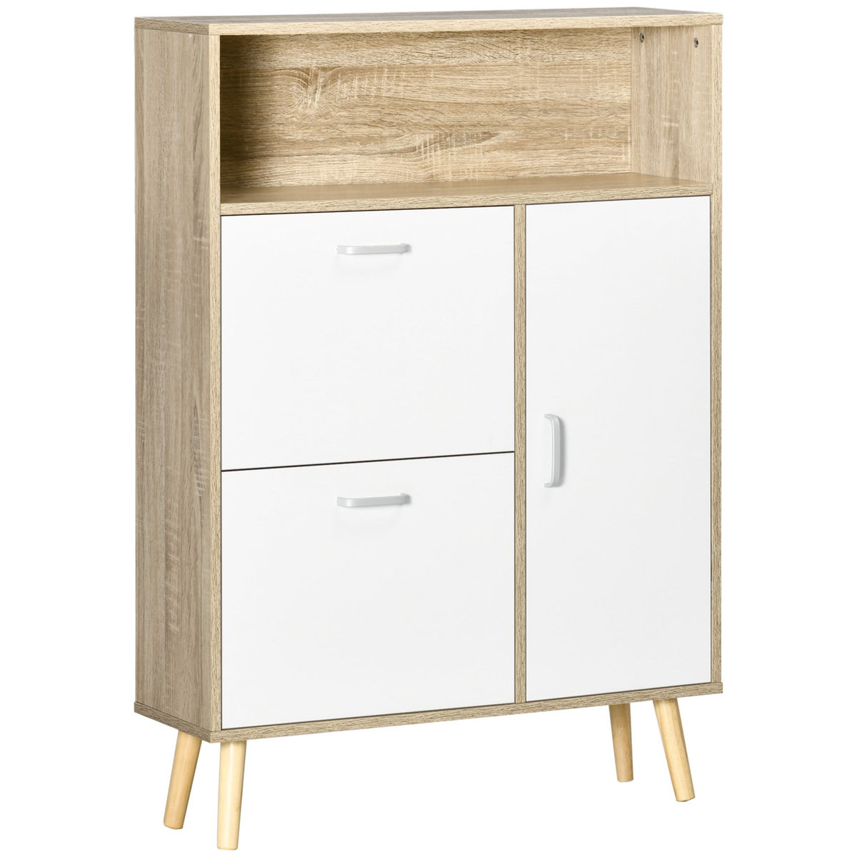 HOMCOM Meuble à chaussures design scandinave placard 3 portes 3 étagères niche piètement effilé incliné bois panneaux aspect chêne clair