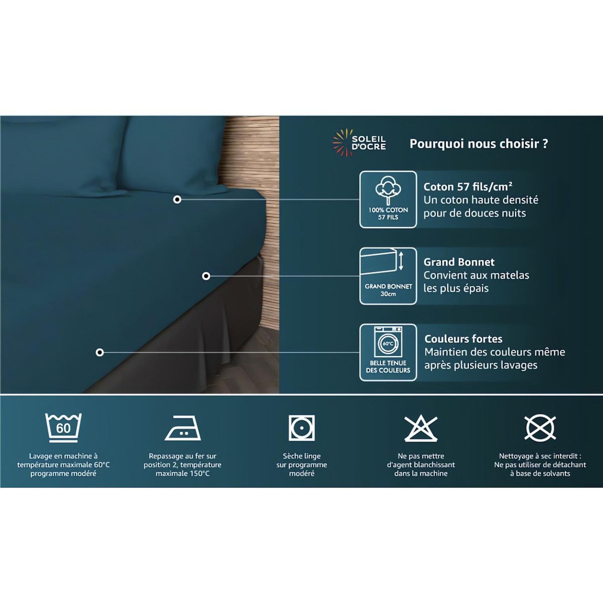 SOLEIL D'OCRE Drap housse en coton 57 fils UNI, par Soleil d'ocre