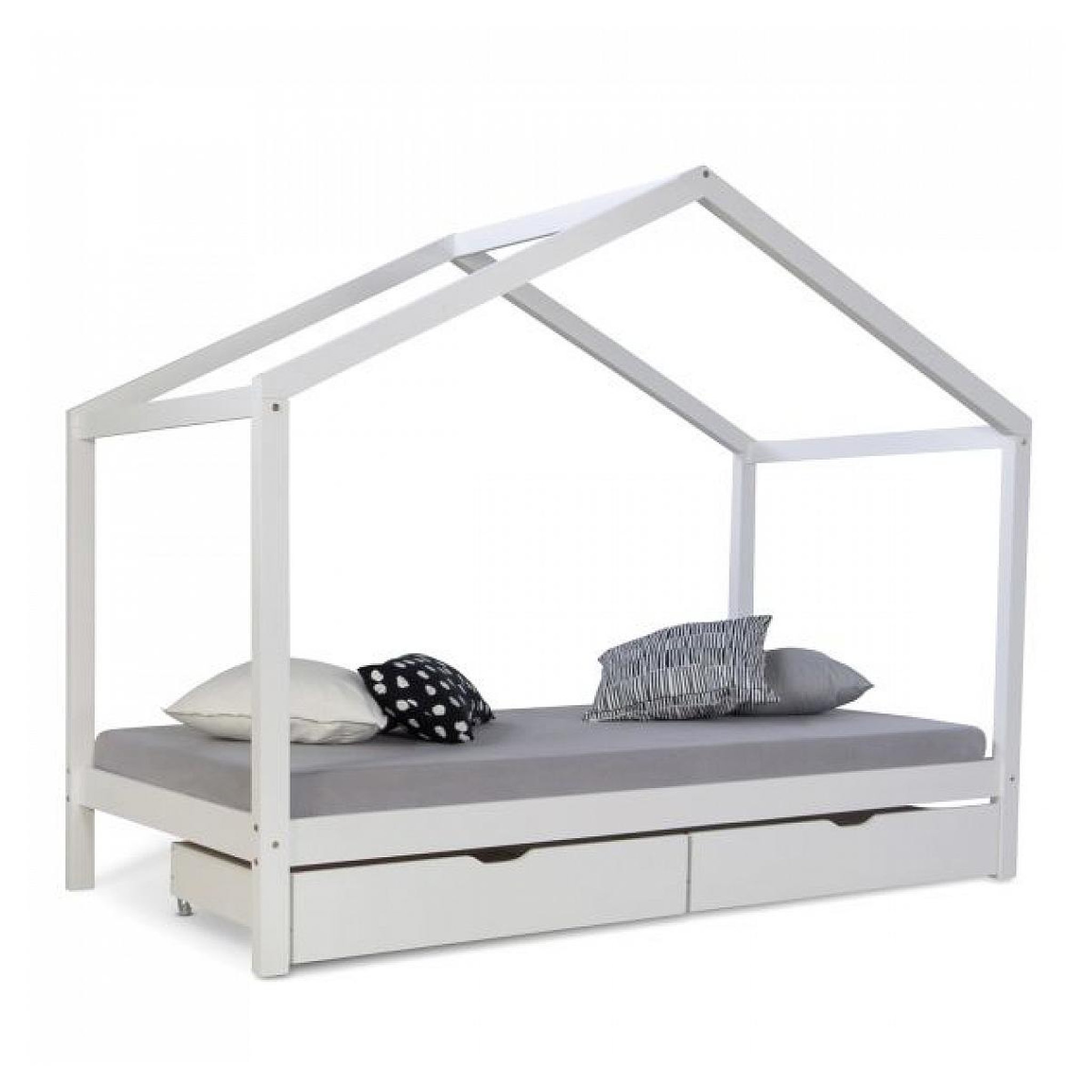 HomeStyle4U Lit D'Enfant avec matelas 90x200 Lit Maison Lit Cabane Lit Montessori Lit Bois Blanc Tiroir