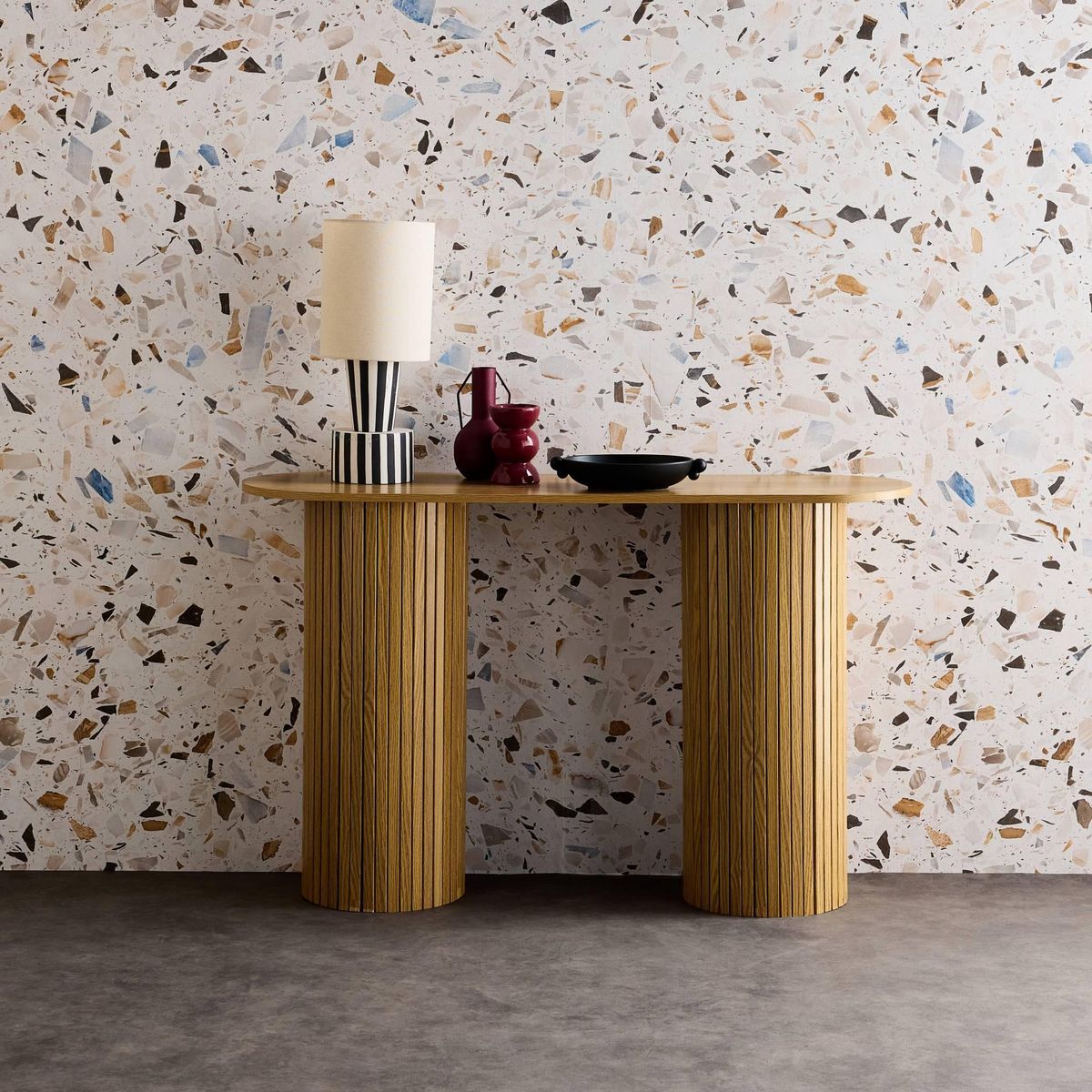 SWEEEK Console ovale scandinave effet bois rainuré. pieds ronds. couleur naturelle. L 120 x P 35 x H 75cm