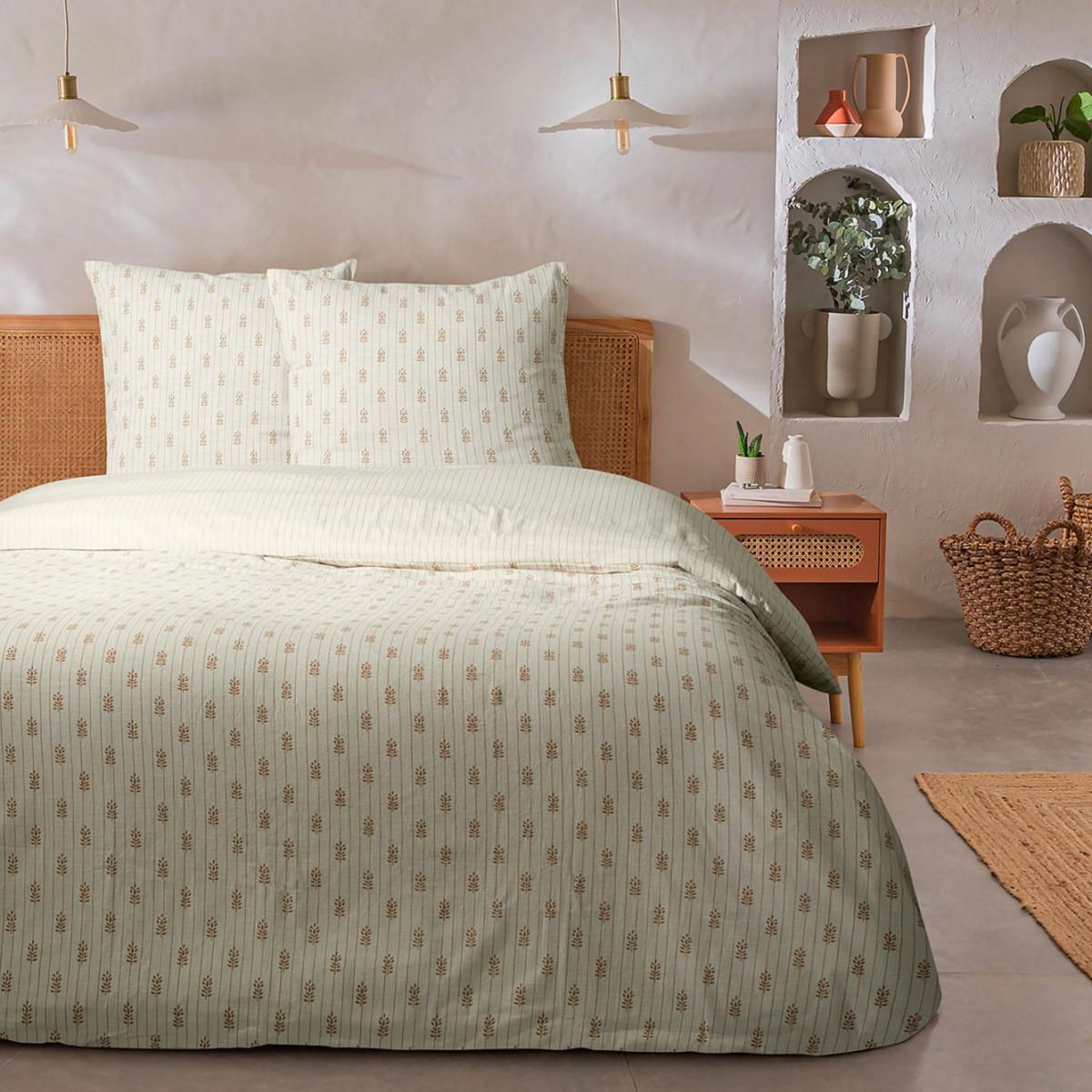 FUTURE HOME Parure de lit double à rayures fleurie effet lin