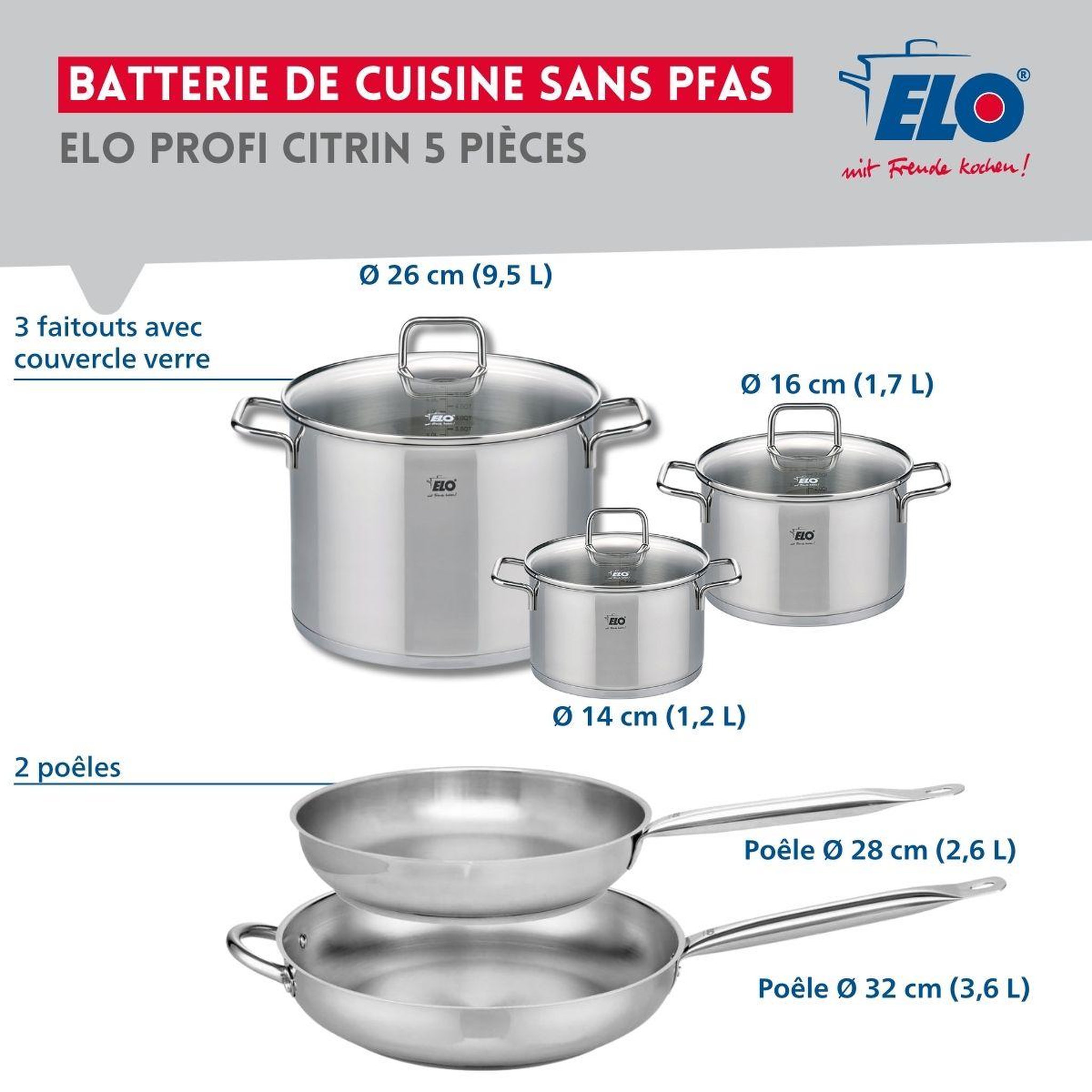 Voir la diapositive 2 : ELO Ensemble de 2 poêles de cuisson 28 et 32 cm et 3 faitouts 14, 16 et 26 cm elo profi citrin