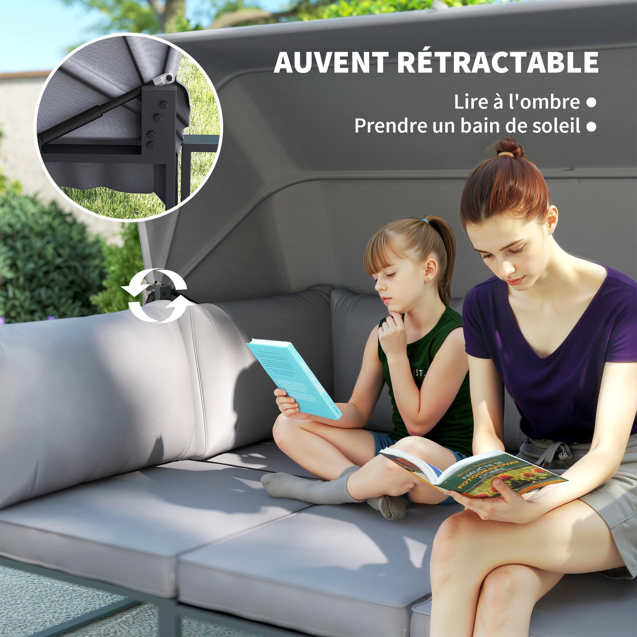 Voir la diapositive 4 : OUTSUNNY Salon de jardin 5 places 4 pièces - canapé avec auvent rétractable - coussins déhoussables gris