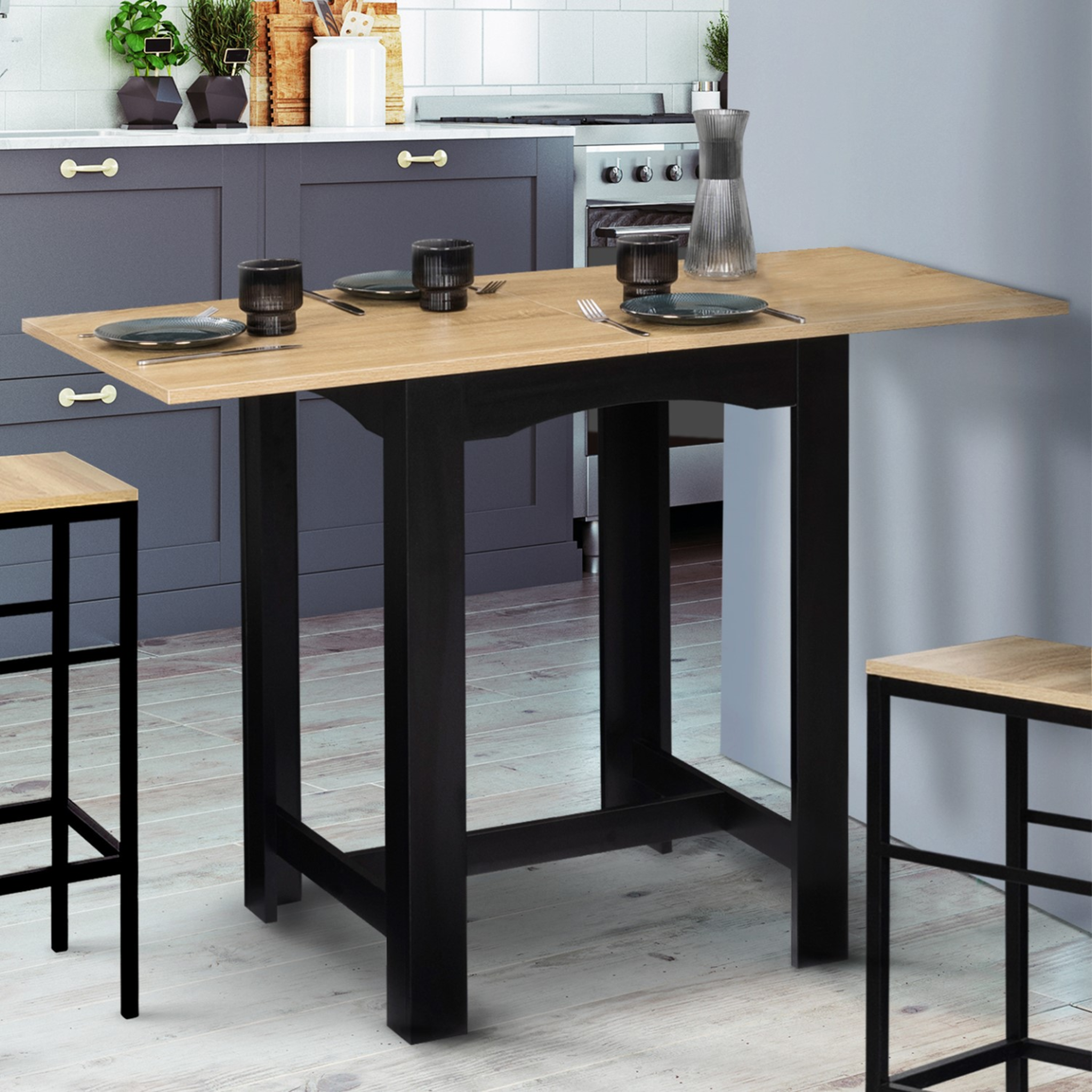Voir la diapositive 2 : ID MARKET Table haute de bar extensible dona 2 à 4 personnes noire plateau façon hêtre 60-120 cm