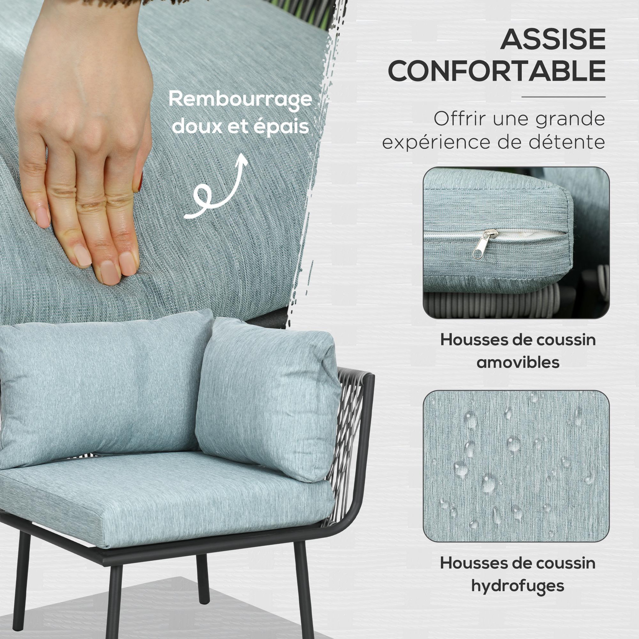 Voir la diapositive 5 : OUTSUNNY Salon de jardin d'angle 5 places 4 pièces coussins inclus alu. Résine tressée gris
