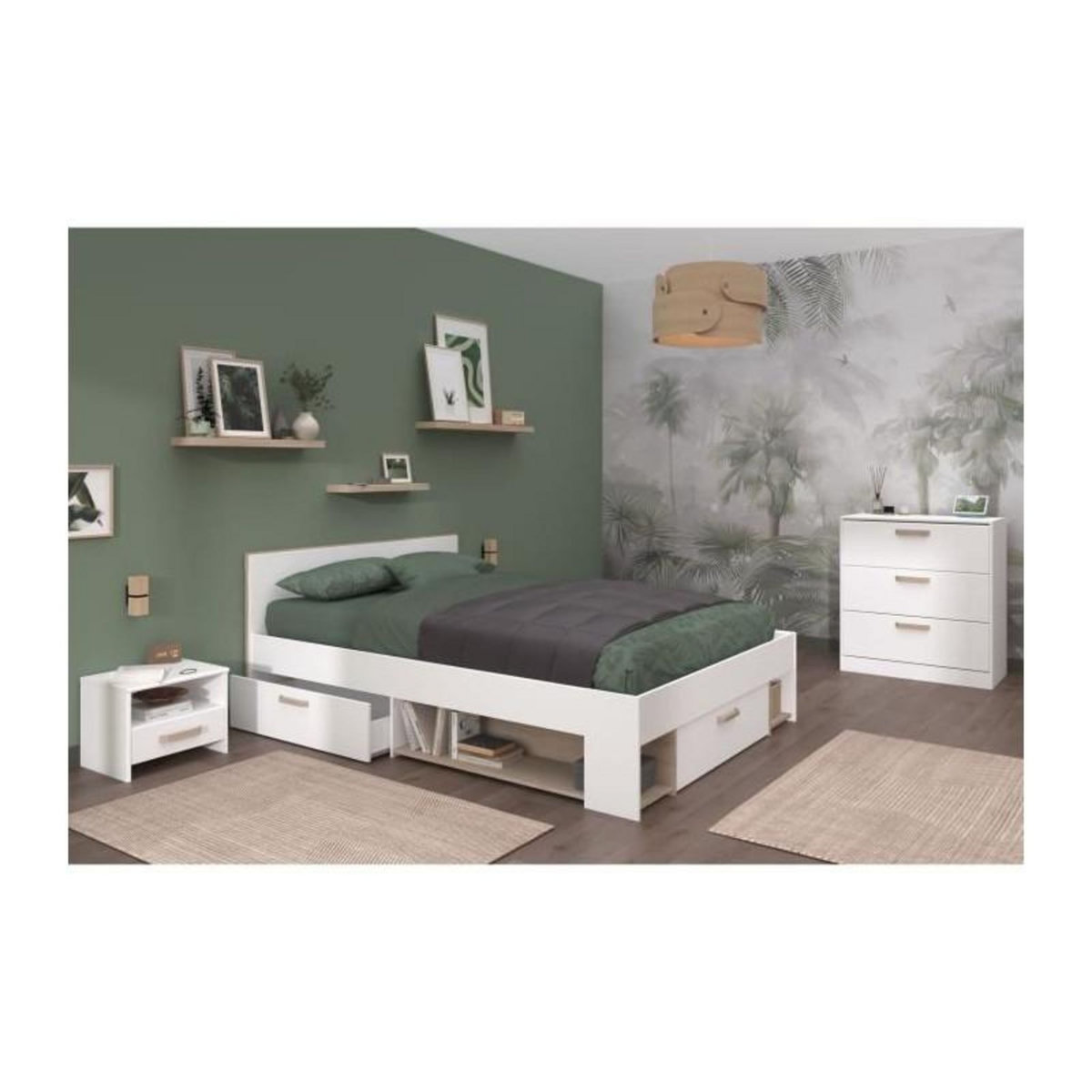 PARISOT Chambre complete adulte DREAM : Lit 140x190/200 cm + 2 chevets + Commode - Décor blanc et chene - PARISOT