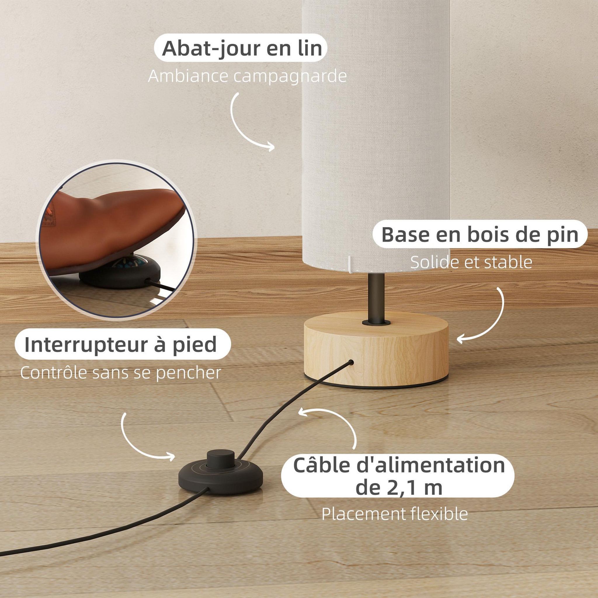 Voir la diapositive 6 : HOMCOM Lampadaire colonne sur pied bois contemporain h.120 cm abat-jour lin beige
