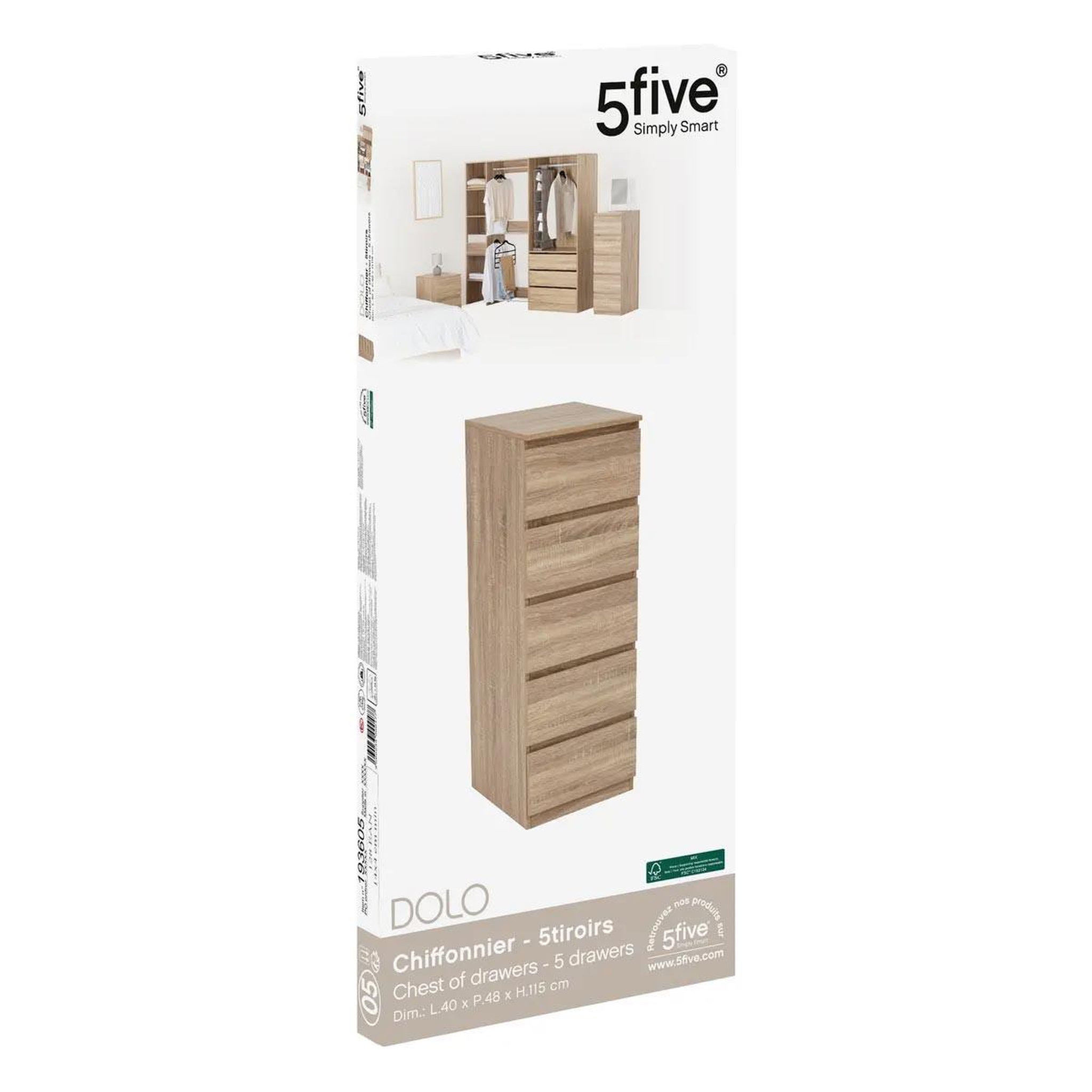 Voir la diapositive 6 : FIVE Chiffonnier 5 tiroirs  dolo  115cm naturel