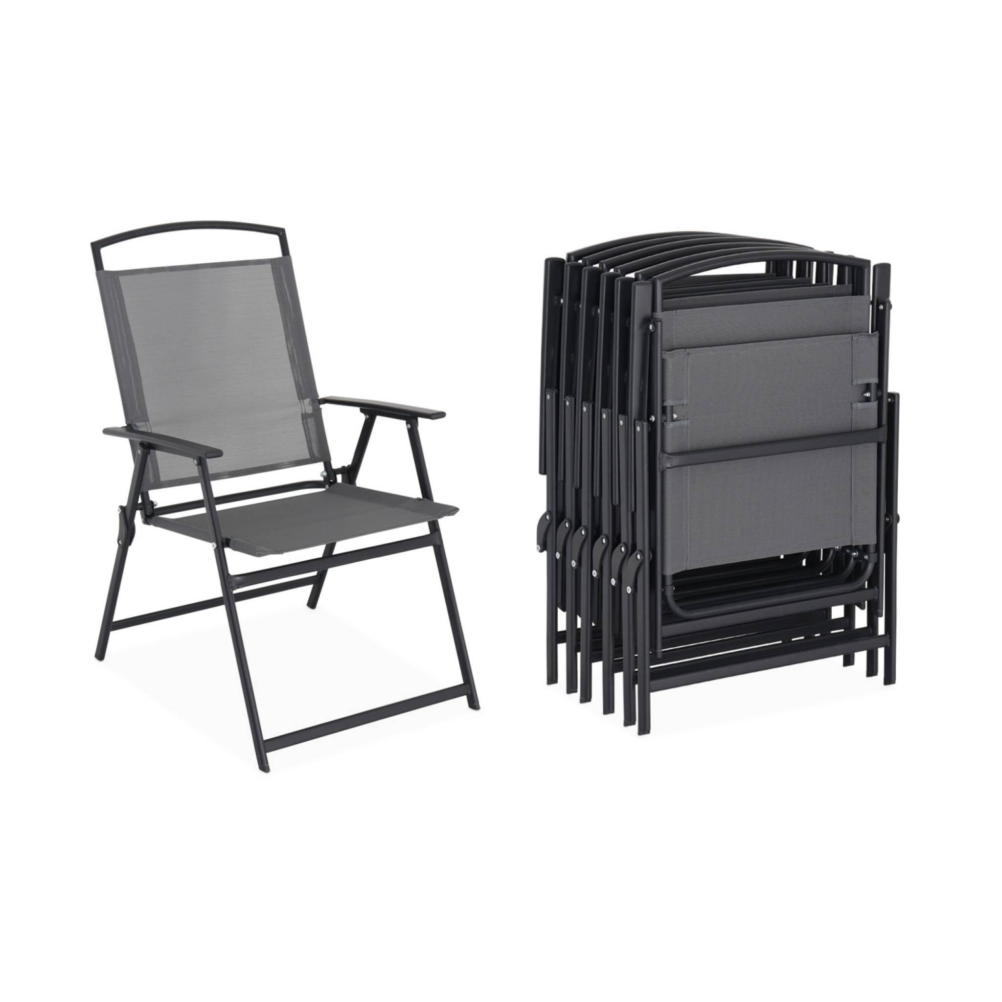 Voir la diapositive 6 : SWEEEK Table de jardin acier avec parasol + 6 assises. anthracite. structure acier avec revêtement anti rouille