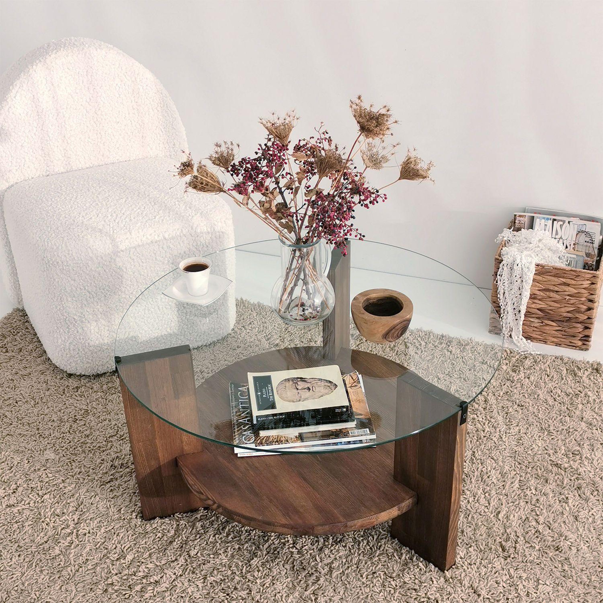 Voir la diapositive 5 : TOILINUX Table basse ronde en verre et panneaux de particules - diam. 75cm h. 40cm - marron