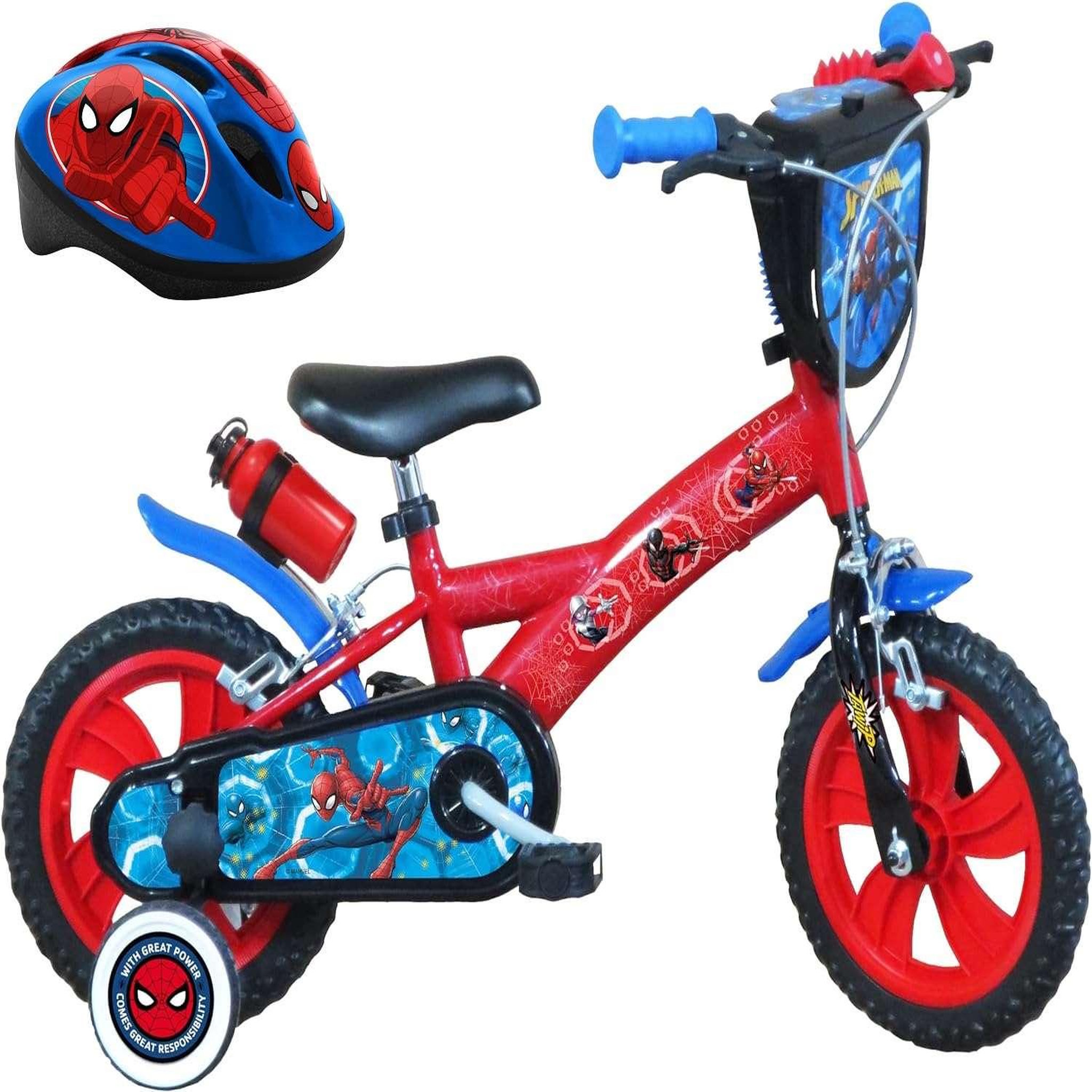 Voir la diapositive 1 : Marvel Vélo enfant - Modèle 12'' Spiderman + Casquepour enfant de 85/100 cm avec stabilisateurs - 2 freins - Plaque décorative avant - Porte bidon