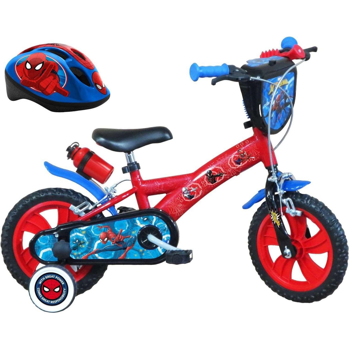 Marvel Vélo enfant - Modèle 12'' Spiderman + Casquepour enfant de 85/100 cm avec stabilisateurs - 2 freins - Plaque décorative avant - Porte bidon