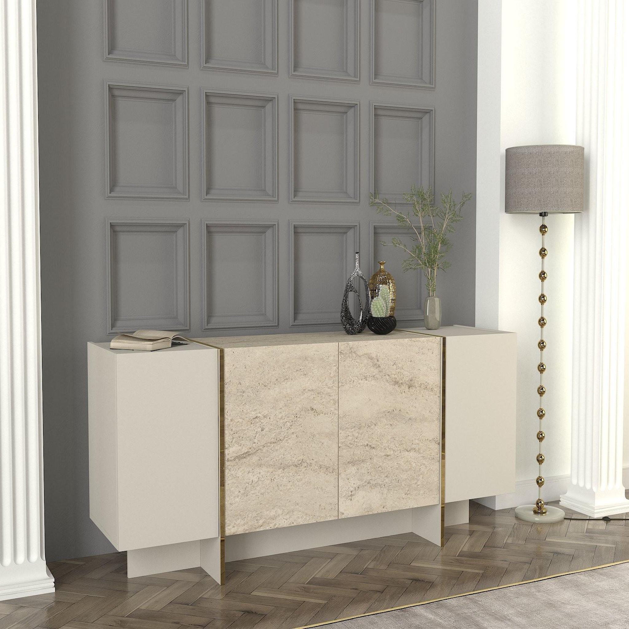 Voir la diapositive 3 : Habitat et Jardin Buffet en bois  veyron  - 180 x 46 x 75 cm - travertin, grès