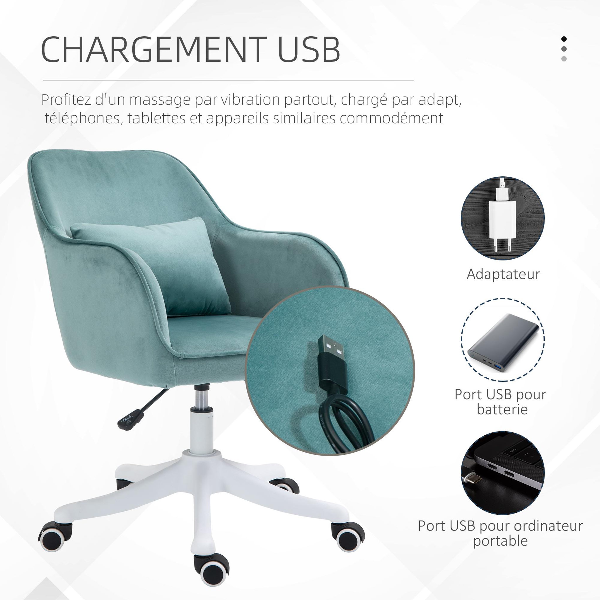 Voir la diapositive 5 : HOMCOM Chaise de bureau velours fauteuil bureau massant coussin lombaire intégré hauteur réglable pivotante 360° vert menthe