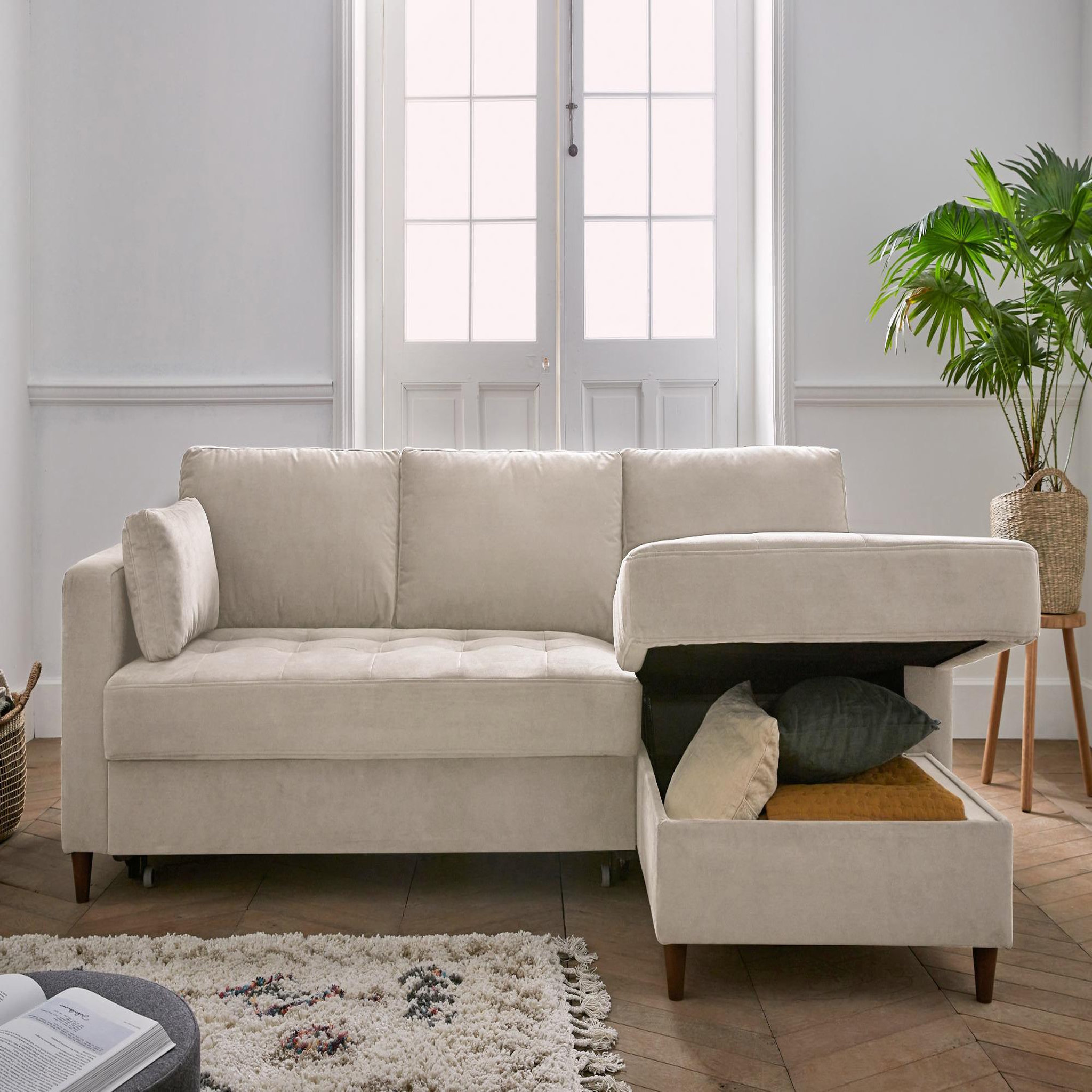 Voir la diapositive 4 : BEST MOBILIER Anna - canapé d'angle droit - 4 places - convertible avec coffre - en velours