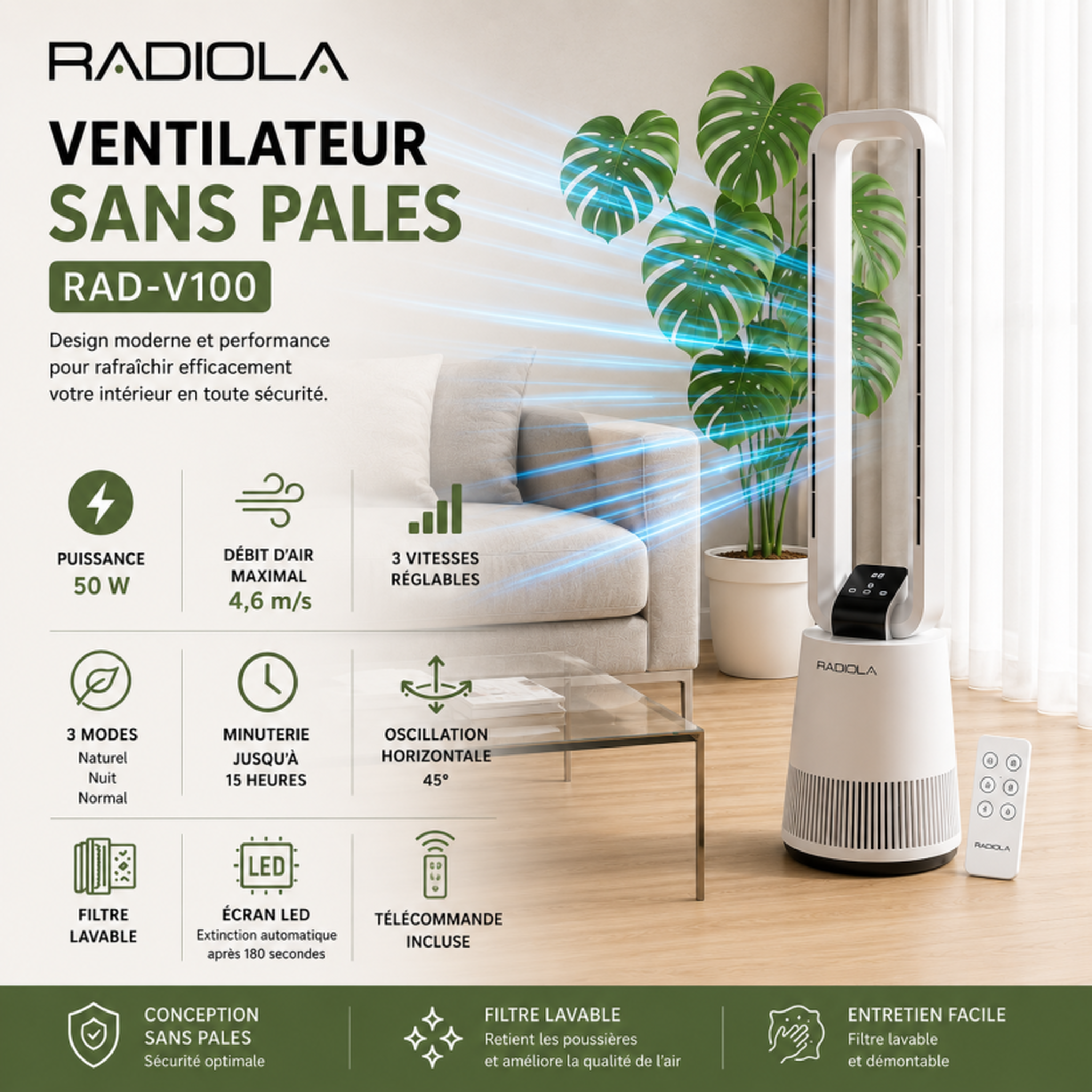 Voir la diapositive 2 : RADIOLA Radiola - rad-v100 - blanc - ventilateur sans pales - 3 vitesses - télécommande