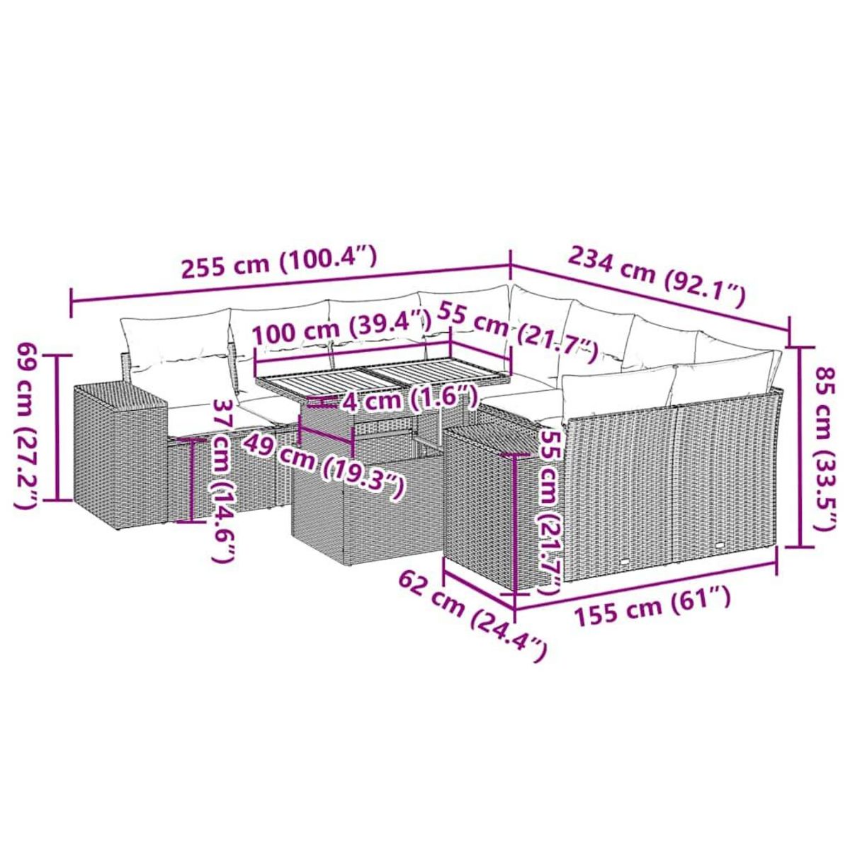 VIDAXL Salon de jardin avec coussins 9 pcs beige resine tressee