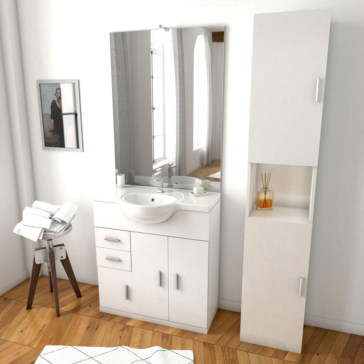 Aurlane Ensemble de salle de bain blanc 80cm + vasque en céramique blanche + miroir LED + colonne 2 portes