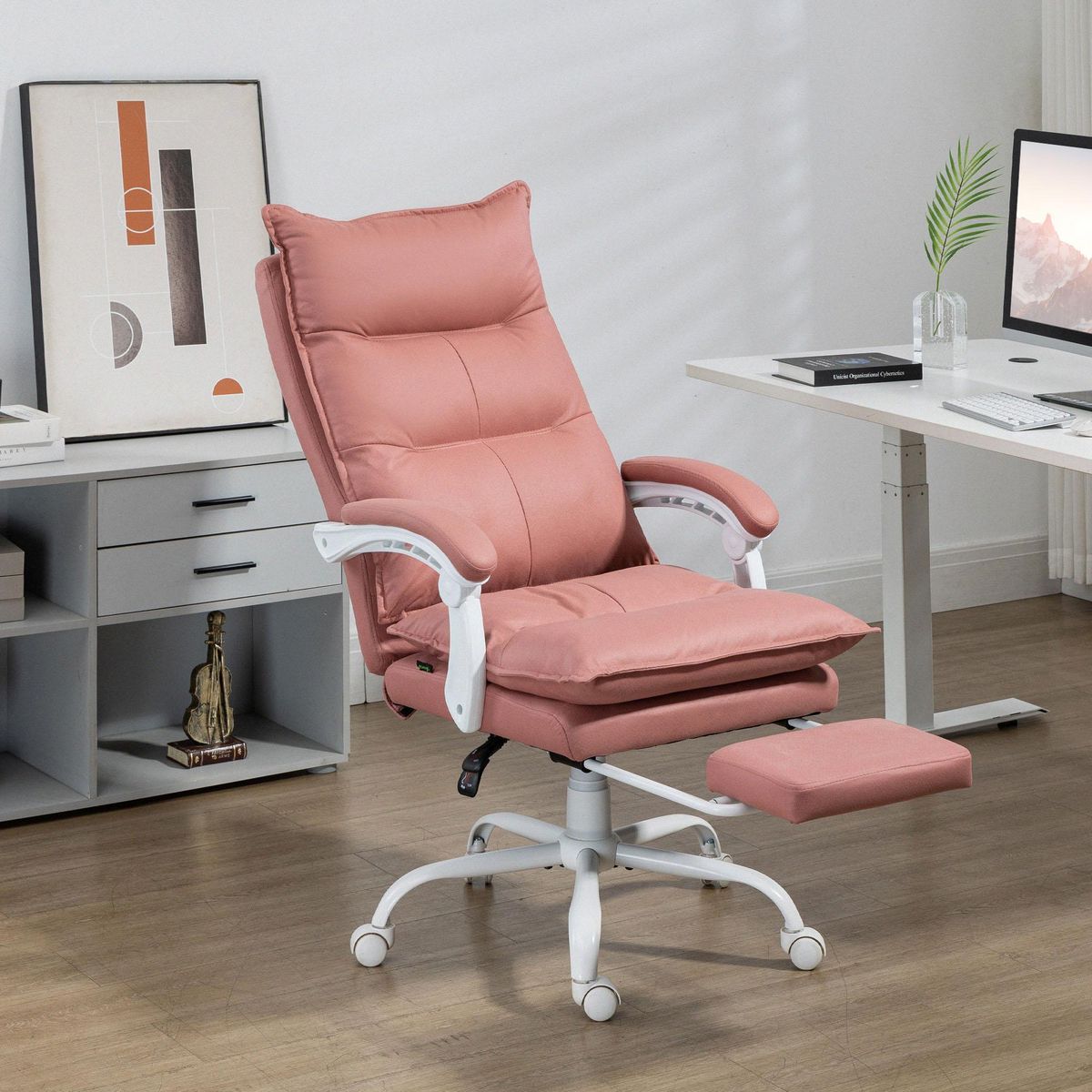 VINSETTO Fauteuil de bureau massant chauffant inclinable réglable repose-pieds rétractable microfibre rose