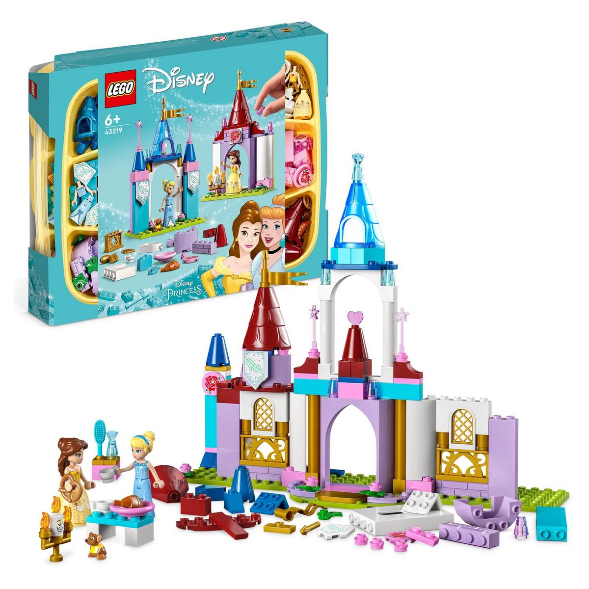LEGO Disney Princess 43219 - Châteaux créatifs Disney Princess, Jouet Château avec Mini-Poupées Belle et Cendrillon et Boîte de Rangement en Briques