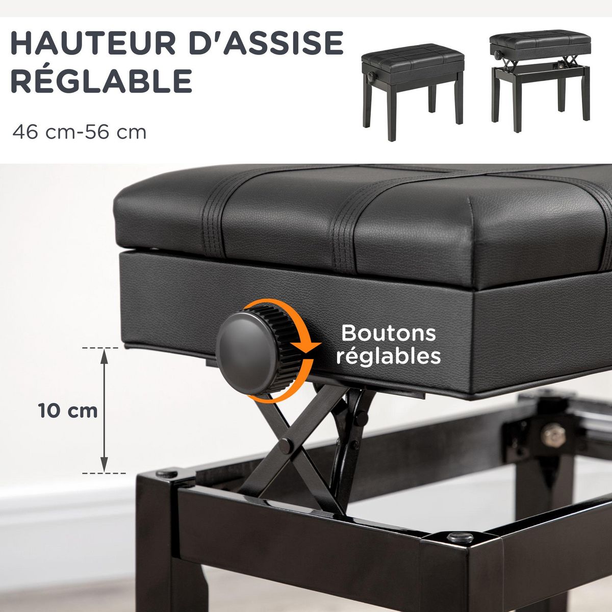 HOMCOM Banquette tabouret siège pour piano coffre intégré hauteur réglable bois hévéa assise revêtement synthétique noir
