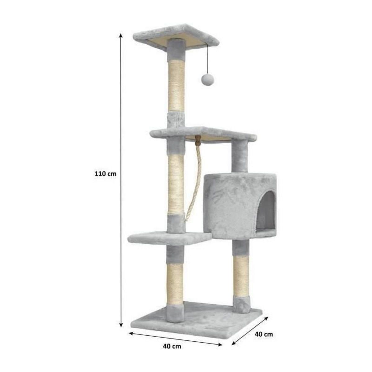 PALOMAR Arbre a chat - 40 x 40 x 110 cm - PALOMA - Gris - 3 plateformes, 1 corde, 1 niche , poteaux a griffer