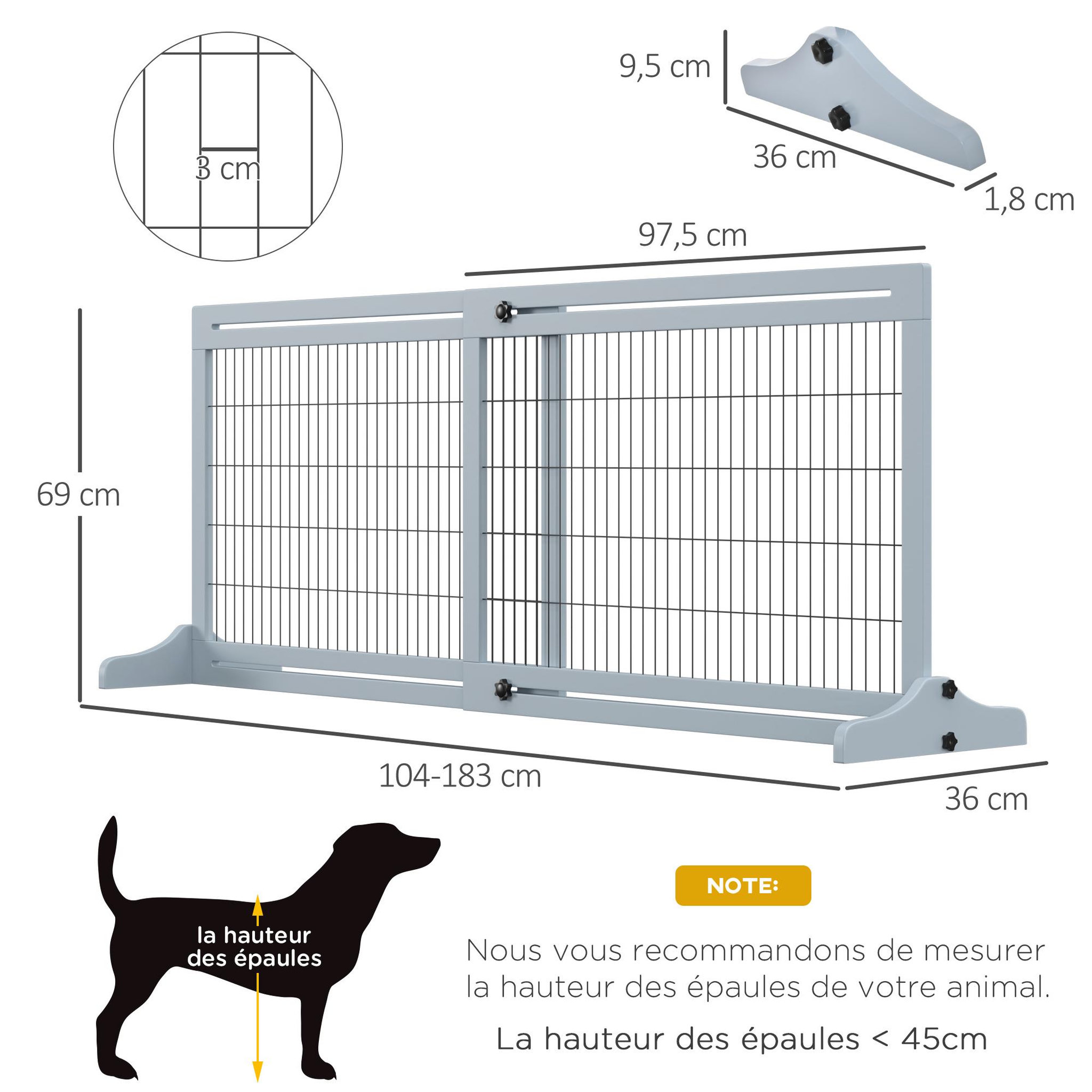 Voir la diapositive 3 : PAWHUT Barrière de sécurité chien barrière autoportante longueur réglable dim. 104-183l x 36l x 69h cm bois pin gris acier noir