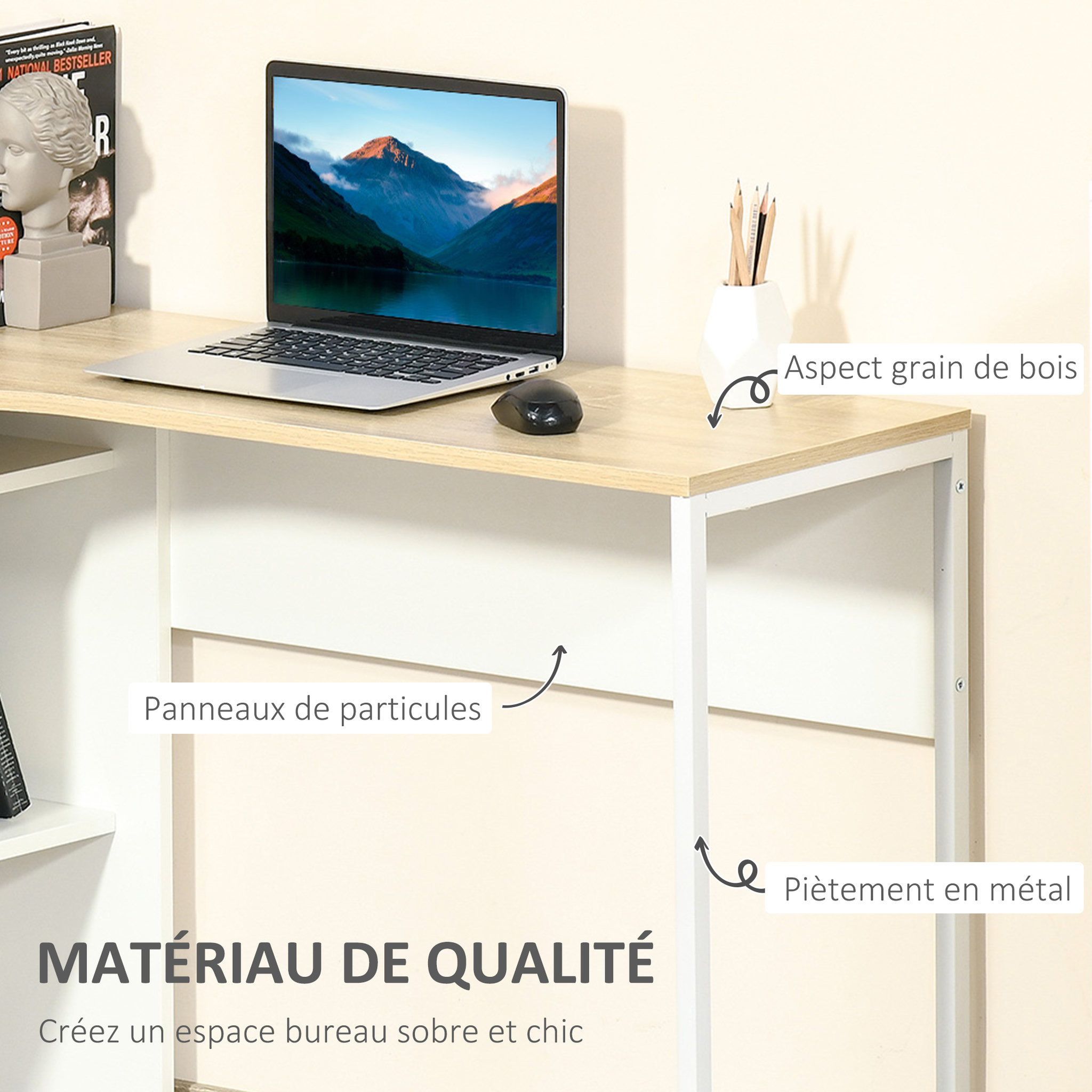 Voir la diapositive 6 : HOMCOM Bureau d'angle bureau informatique multimédia multi-rangement métal panneaux particules aspect chêne clair blanc