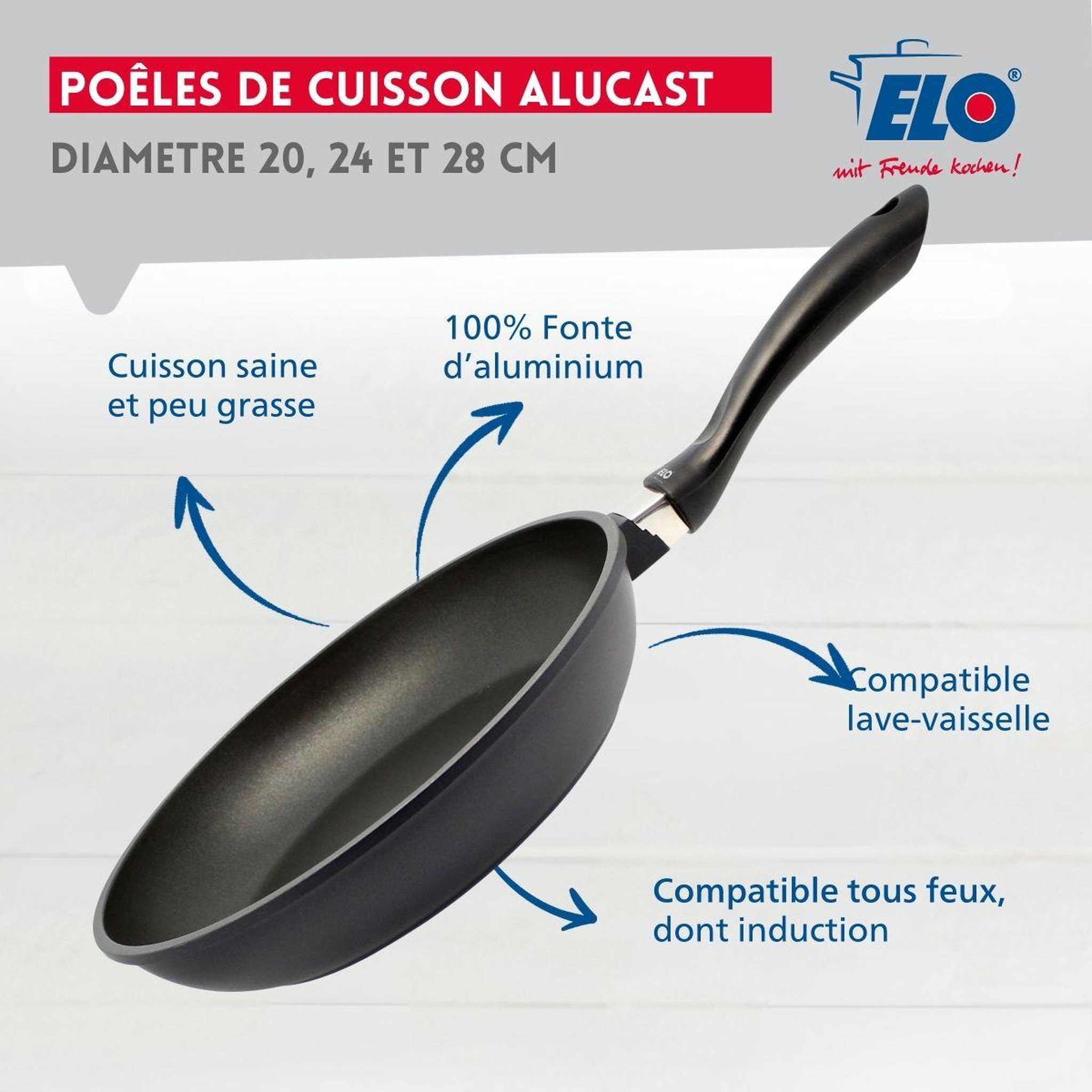 Voir la diapositive 2 : ELO Set de 3 poêles 20, 24 et 28 cm et 3 couvercles sans pfas elo alucast