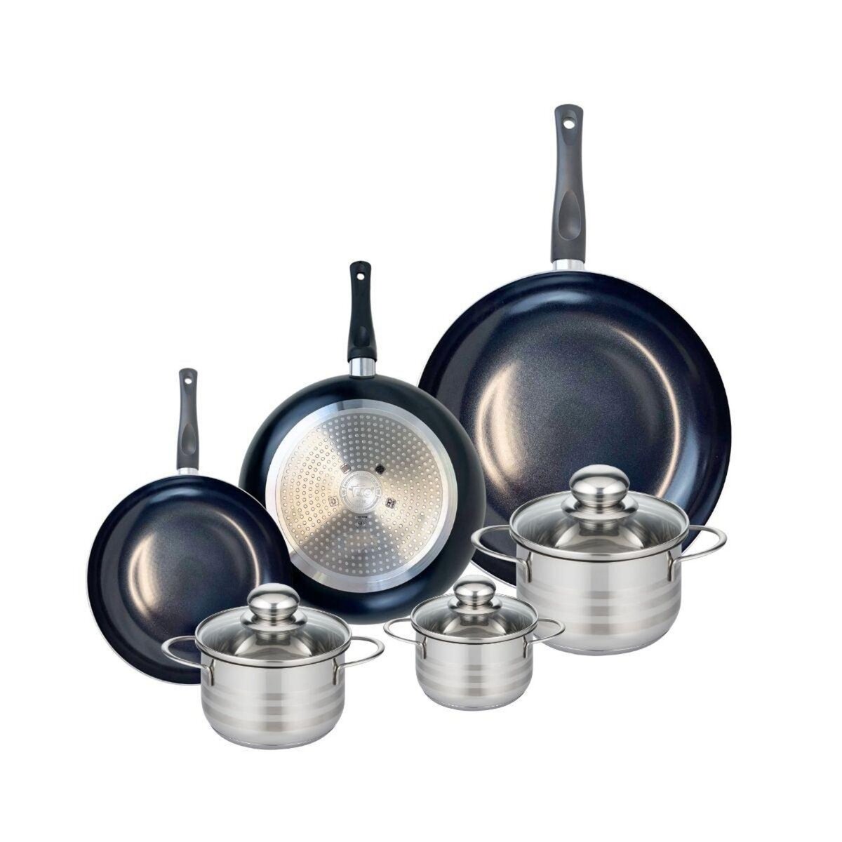 ELO Ensemble de 3 Poêles de cuisson 20, 24 et 32 cm et 3 faitouts 12, 14 et 16 cm Elo Prima Brillant
