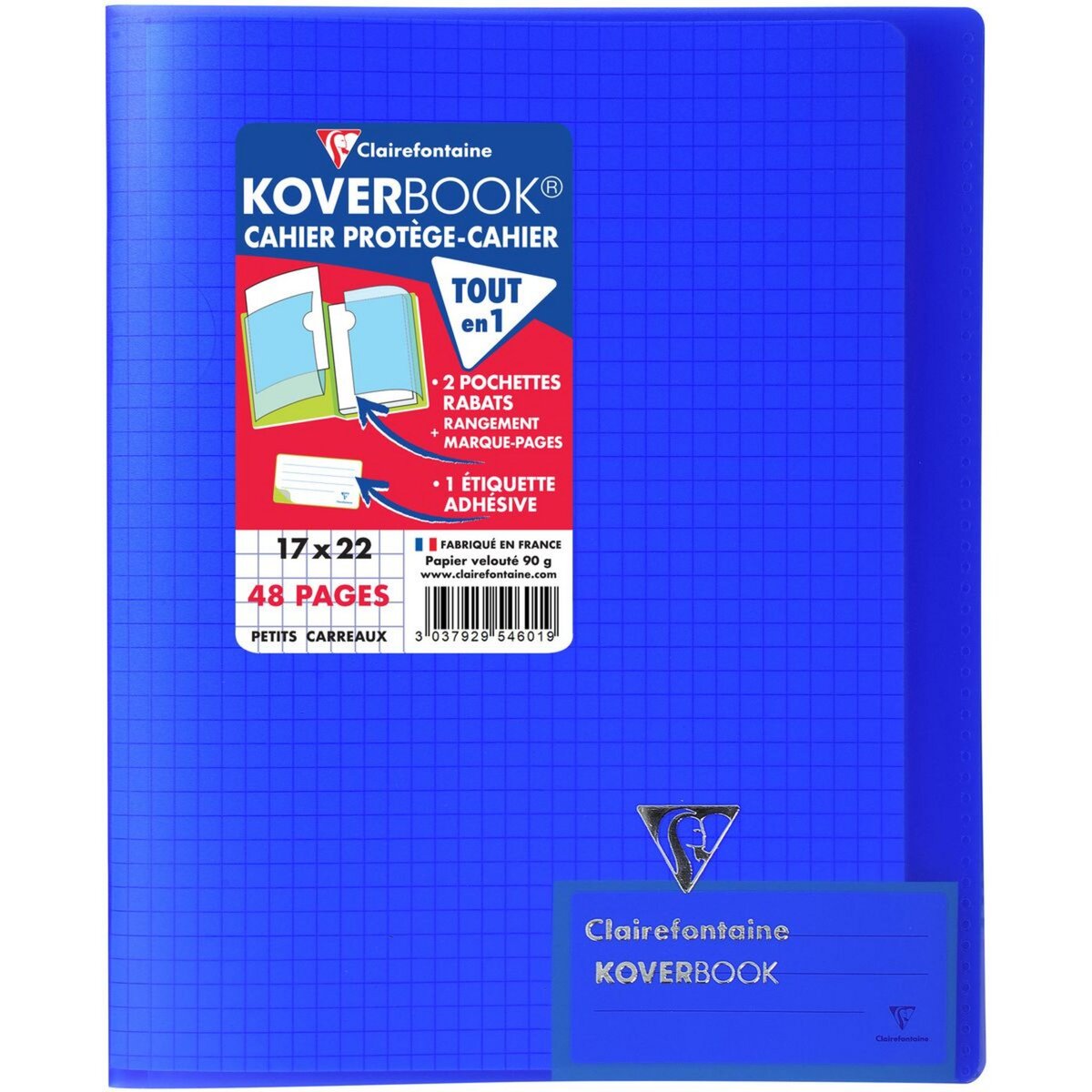 CLAIREFONTAINE Cahier piqué polypro Koverbook 17x22cm 48 pages petits carreaux 5x5 translucide marine