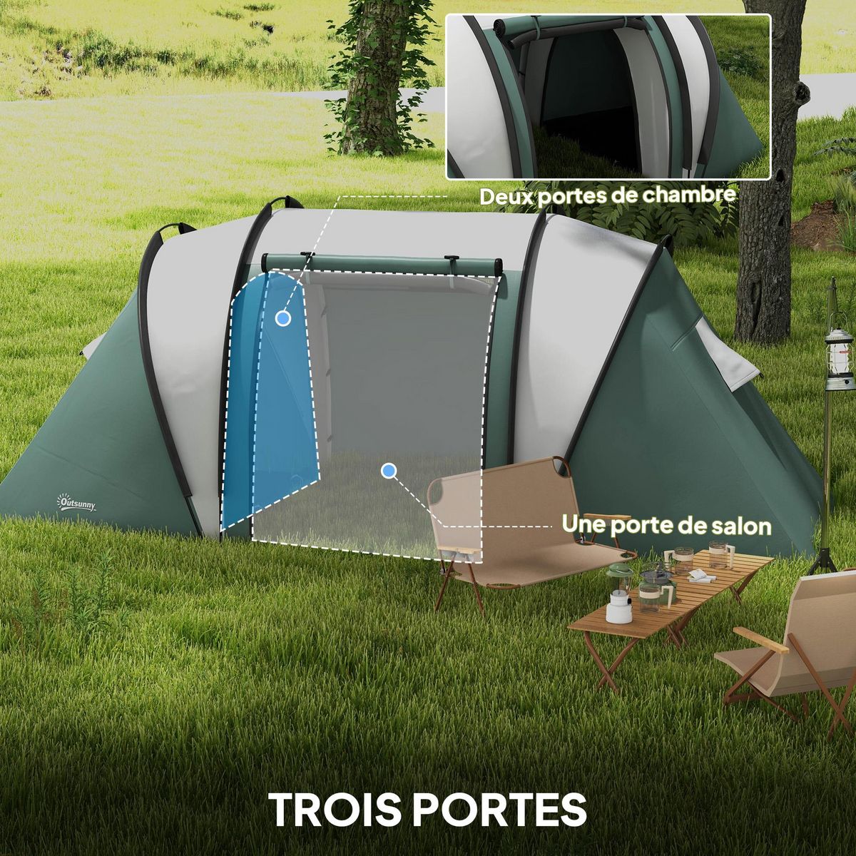 OUTSUNNY Tente de camping familiale 4-5 pers. 2 chambres 3 fenêtres sac vert