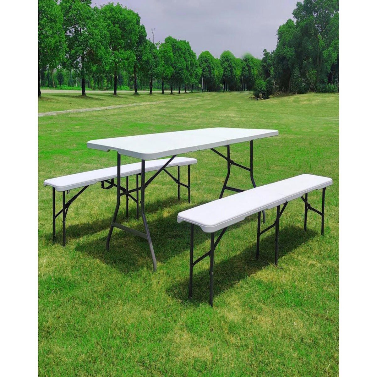 Habitat et Jardin Ensemble Table de jardin pliante + 2 Bancs pliants   Foldy  - Blanc