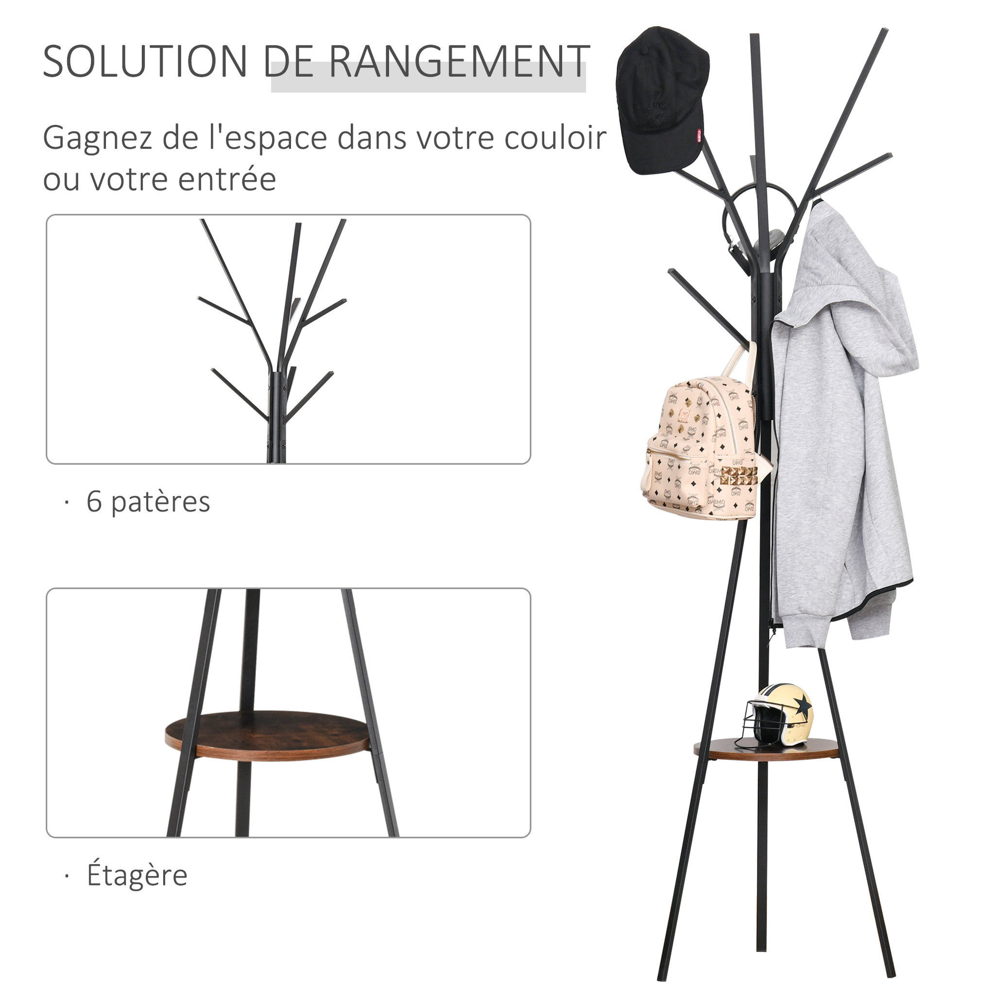 Voir la diapositive 5 : HOMCOM HOMCOM Porte-manteau trépied design contemporain branches étagère + 9 patères dim. 45L x 45l x 180H cm métal marron