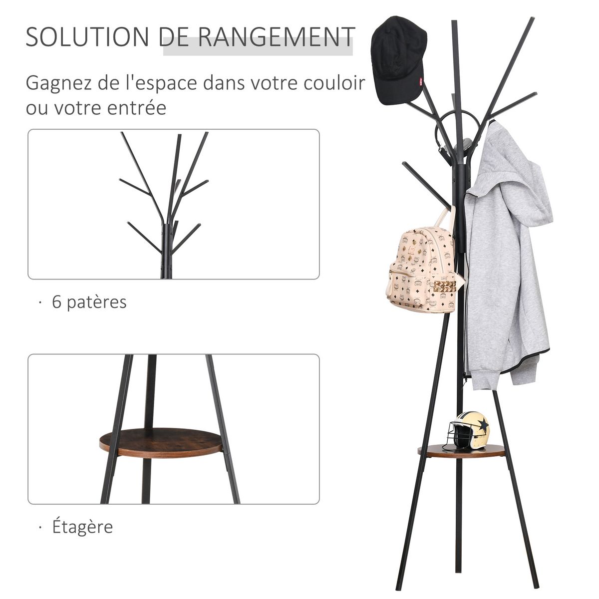 HOMCOM HOMCOM Porte-manteau trépied design contemporain branches étagère + 9 patères dim. 45L x 45l x 180H cm métal marron