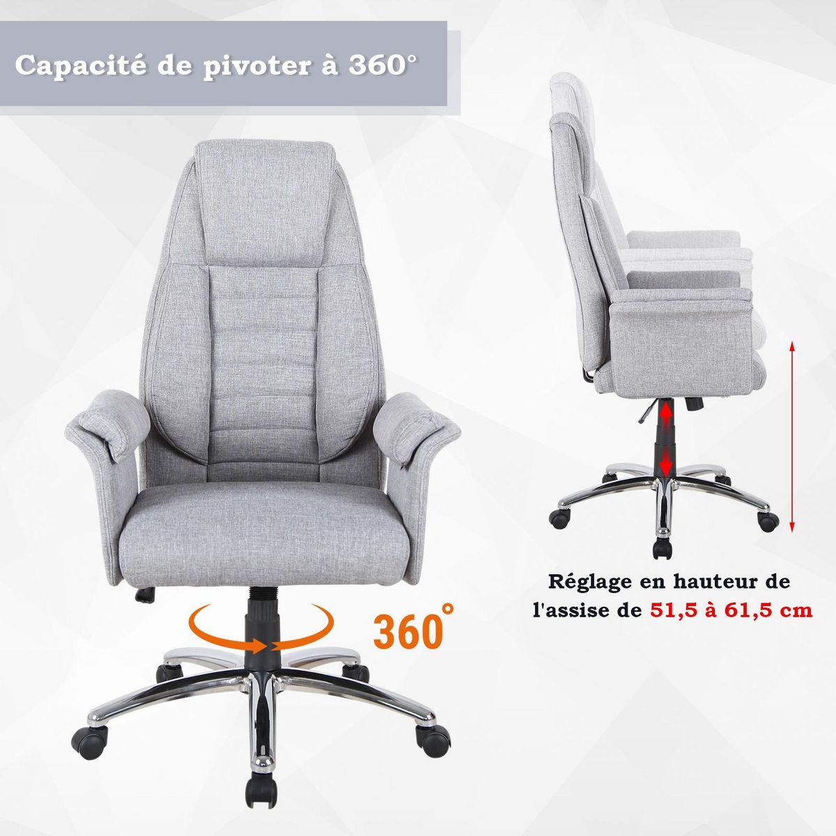 HOMCOM Fauteuil de bureau ergonomique hauteur réglable roulettes pivotantes 69 x 68 x 126 cm gris