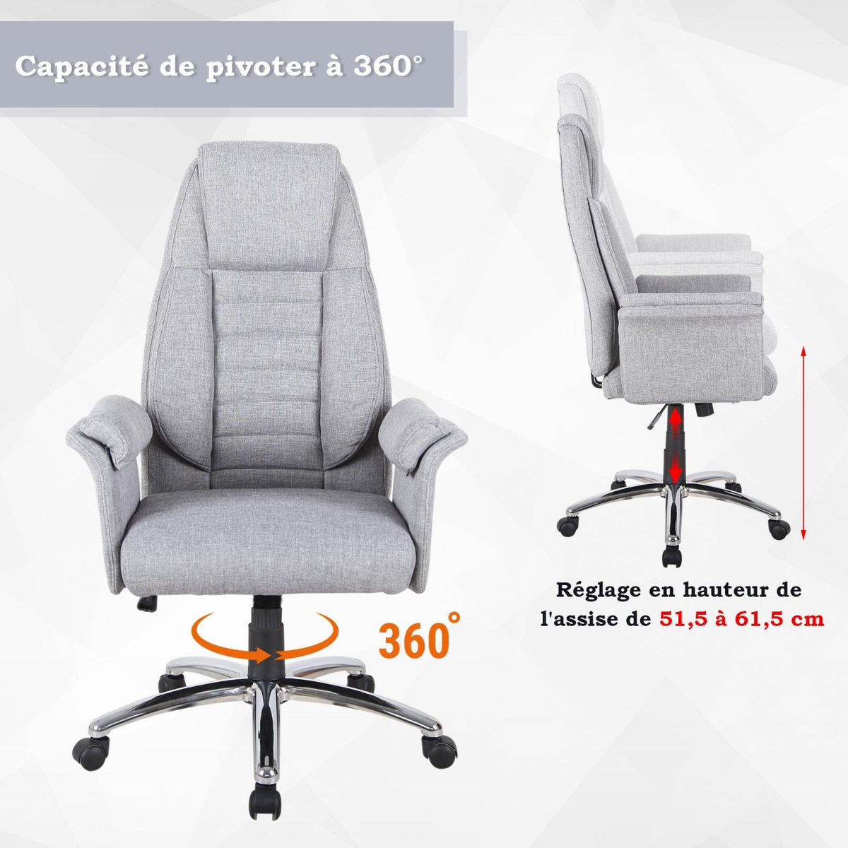 HOMCOM Fauteuil de bureau ergonomique hauteur réglable roulettes pivotantes 69 x 68 x 126 cm gris