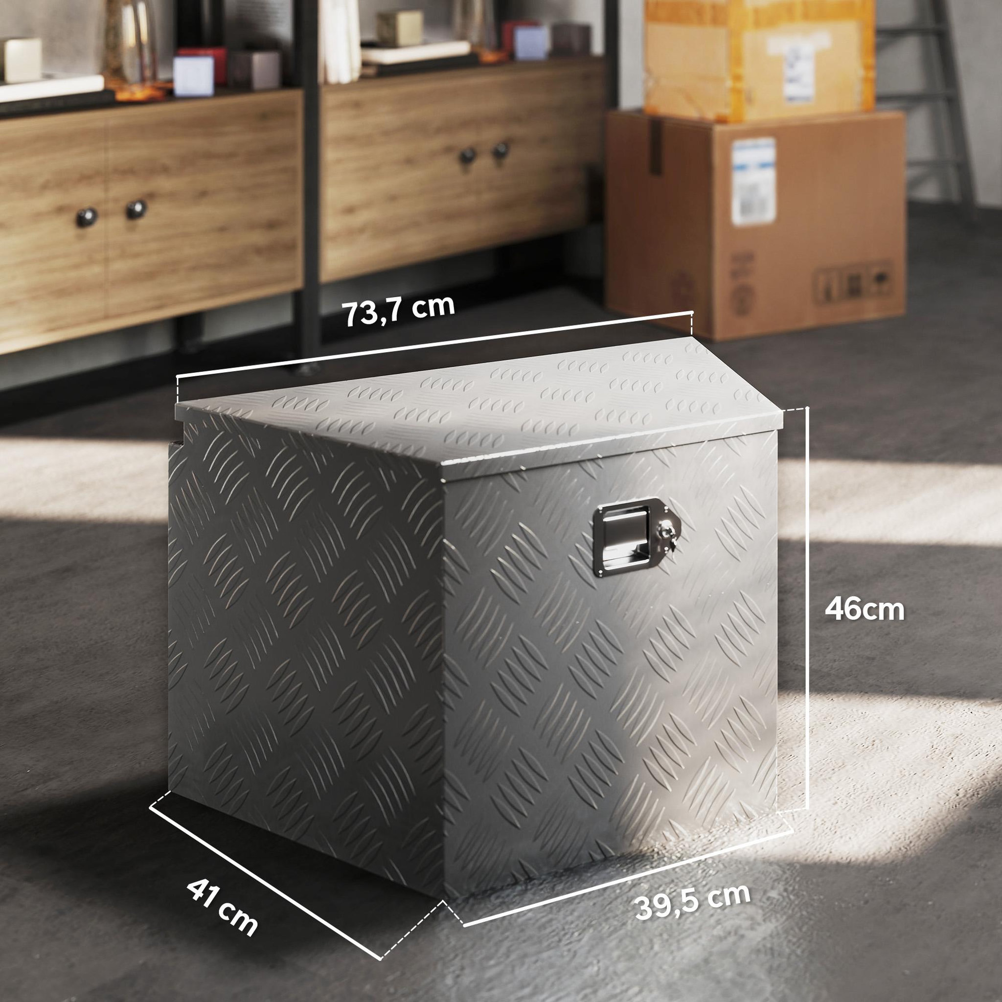 Voir la diapositive 3 : HOMCOM Boîte à outils en aluminium - caisse à outil alu. verrouillage clé vérin - 73 x 41 x 46 cm